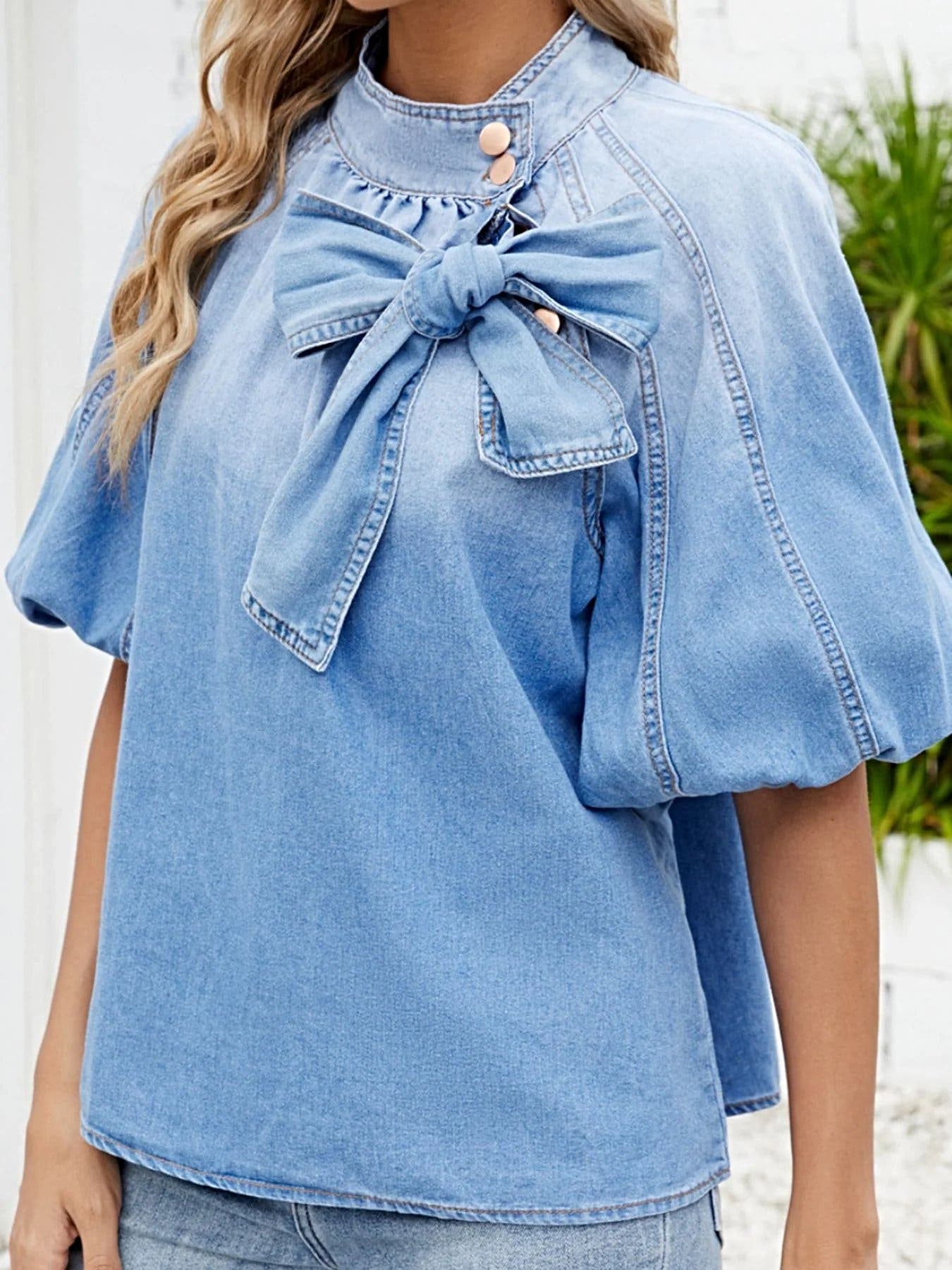 Bow Accent Puff Sleeve Denim Top -