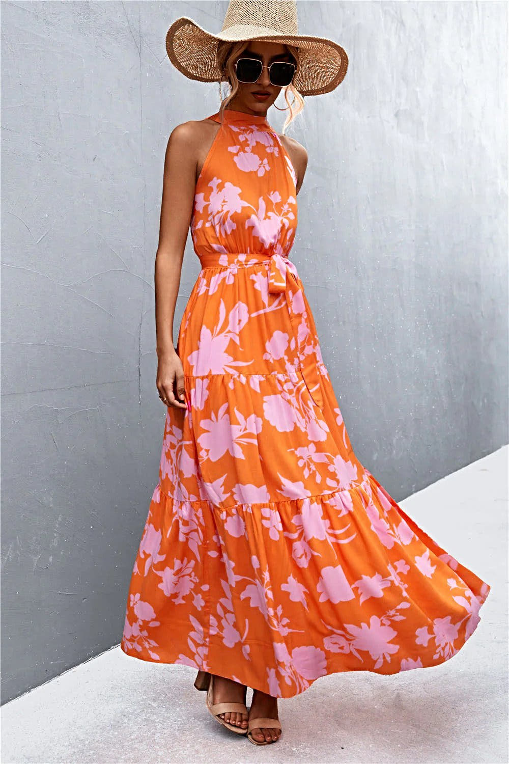 Grecian Printed Tie Waist Maxi Dress with Sleeveless Design and Polka Dot Floral Pattern Trendsi