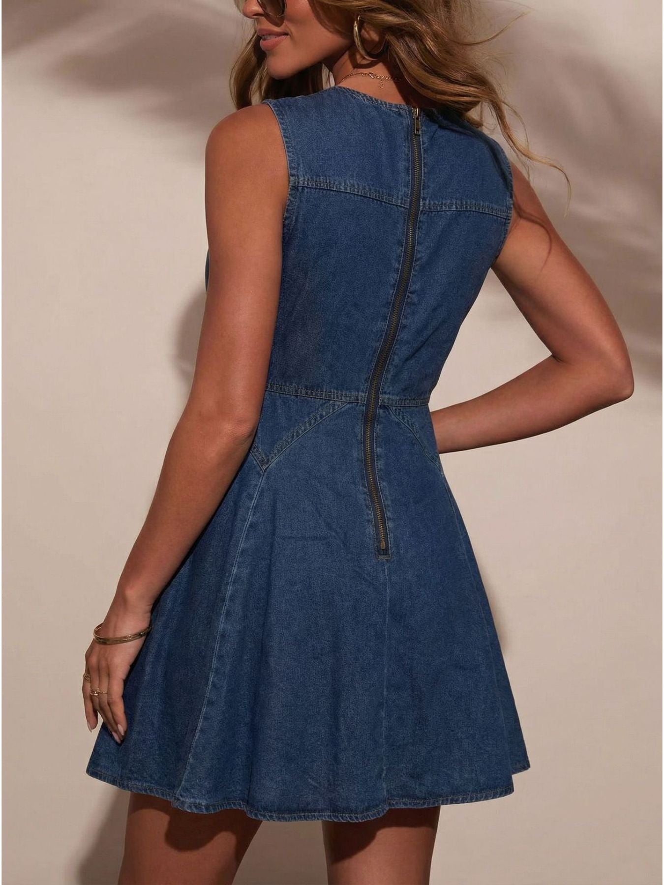 Button Decor Sleeveless Denim Dress -