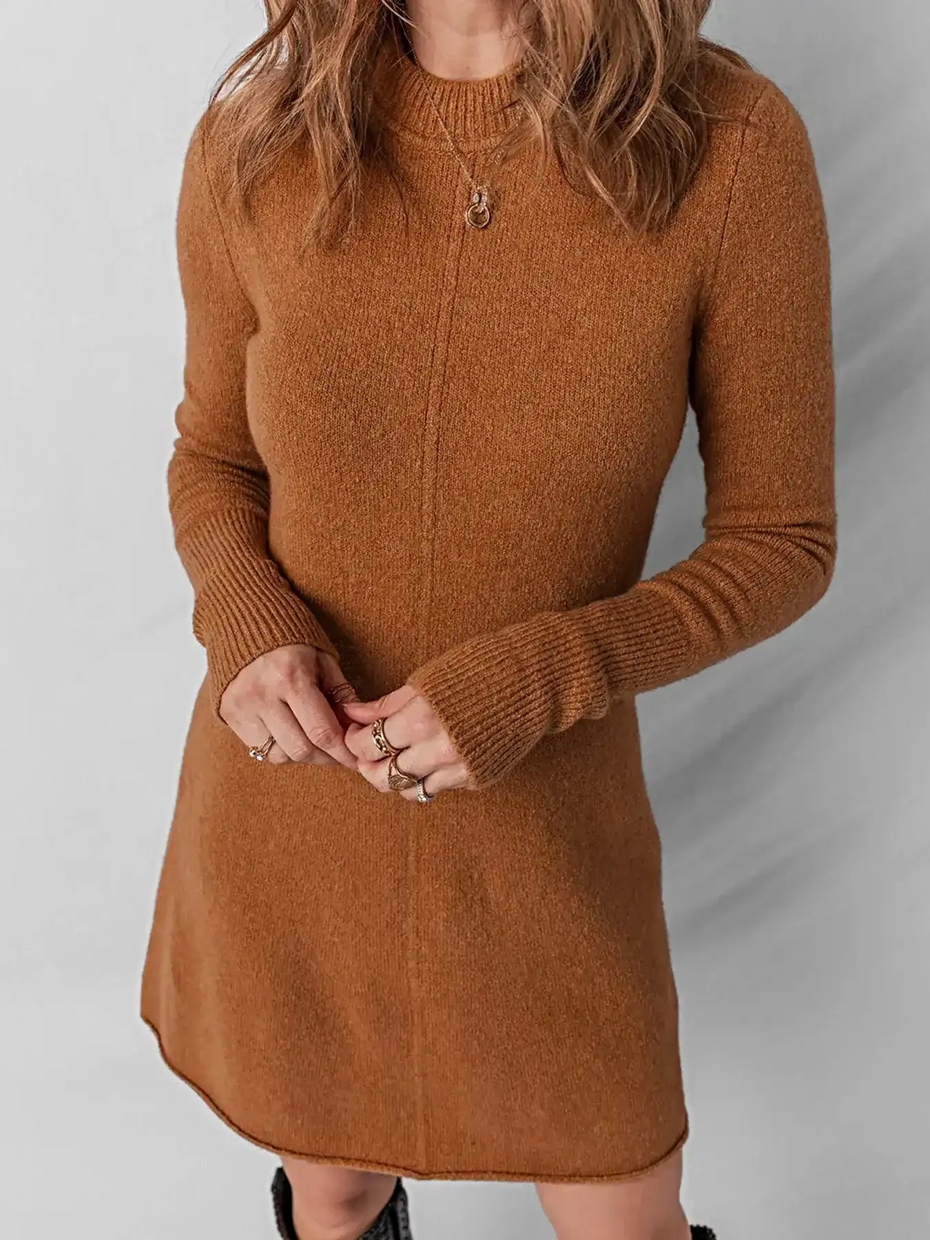 Ribbed Detail Solid Color Mini Sweater Dress -