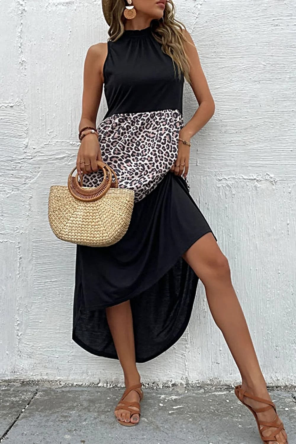 Perfee Leopard Contrast Sleeveless Maxi Dress -
