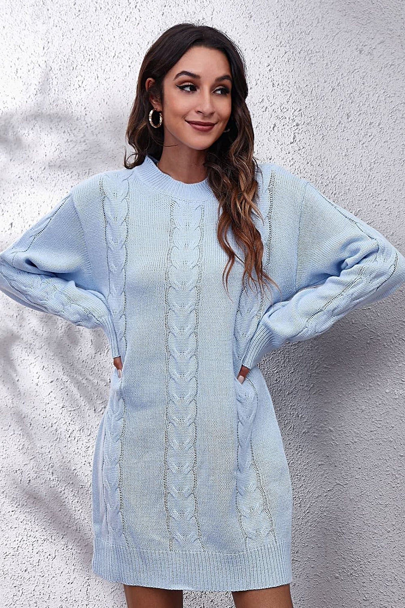 Cable-Knit Round Neck Sweater Dress -