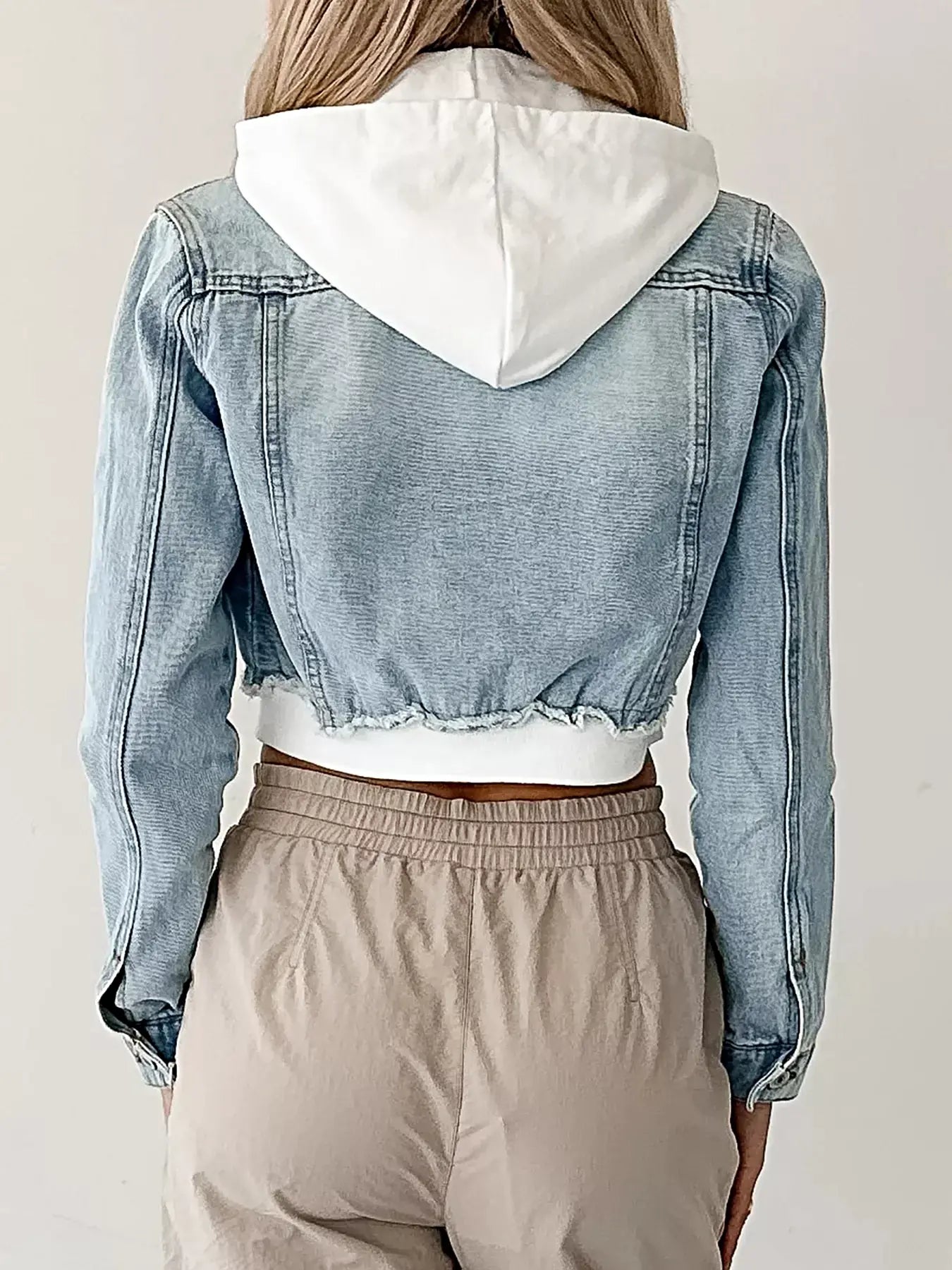 Distressed Zip Up Cropped Hooded Denim Jacket -