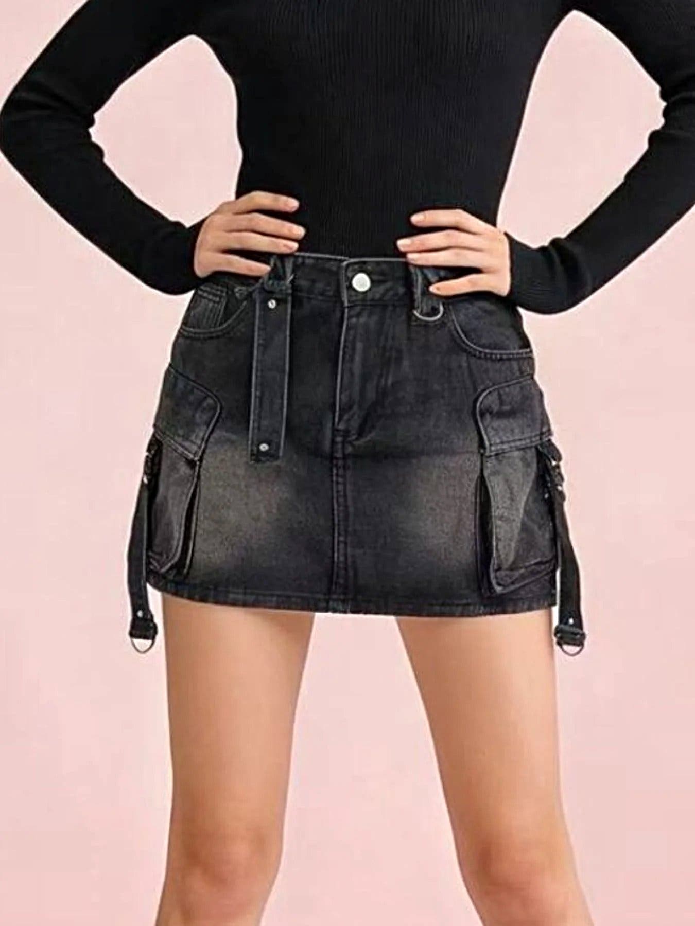Washed Cargo Denim Skirt -