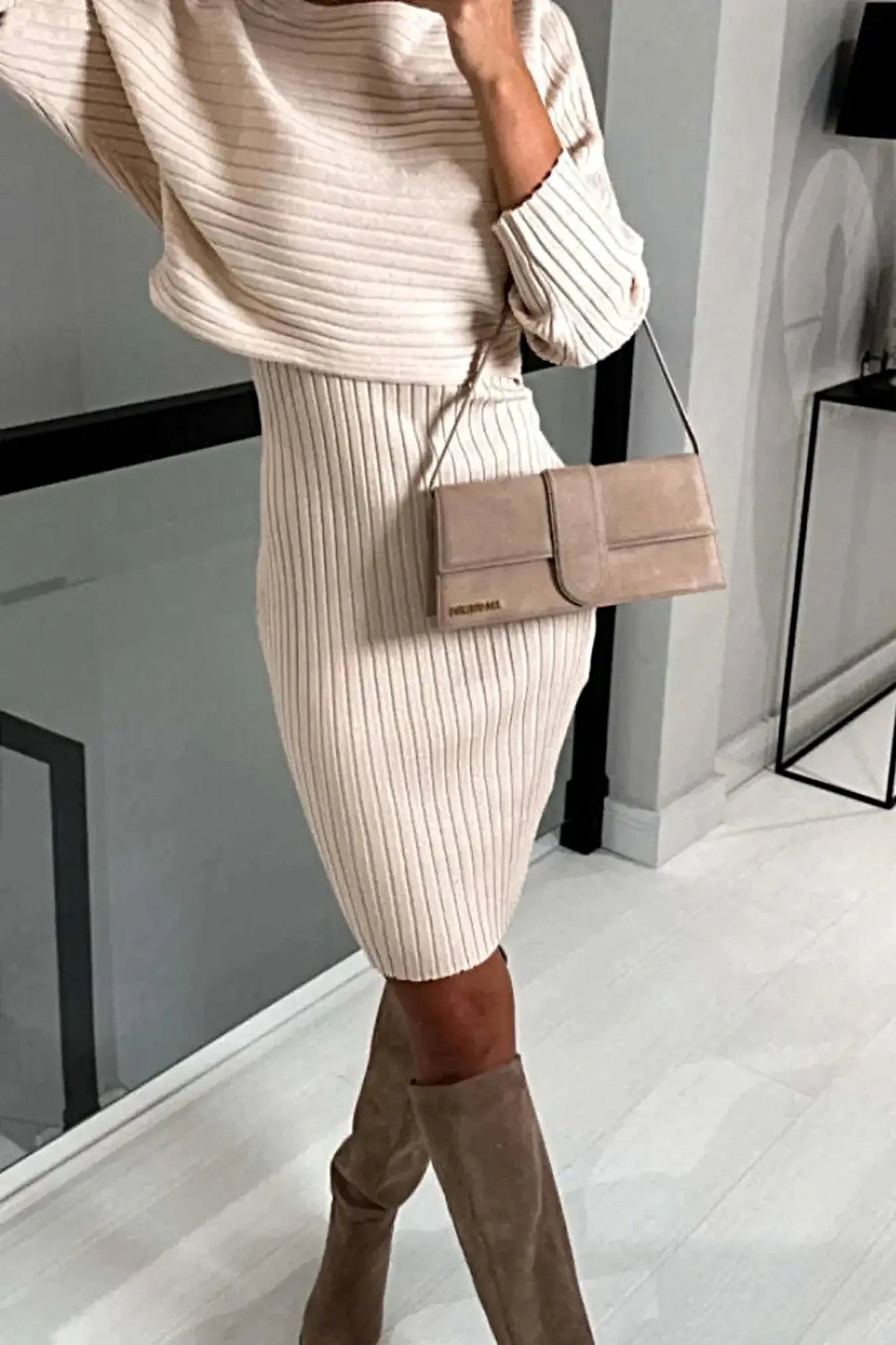Ribbed Round Neck Top and Cami Dress Sweater Set -