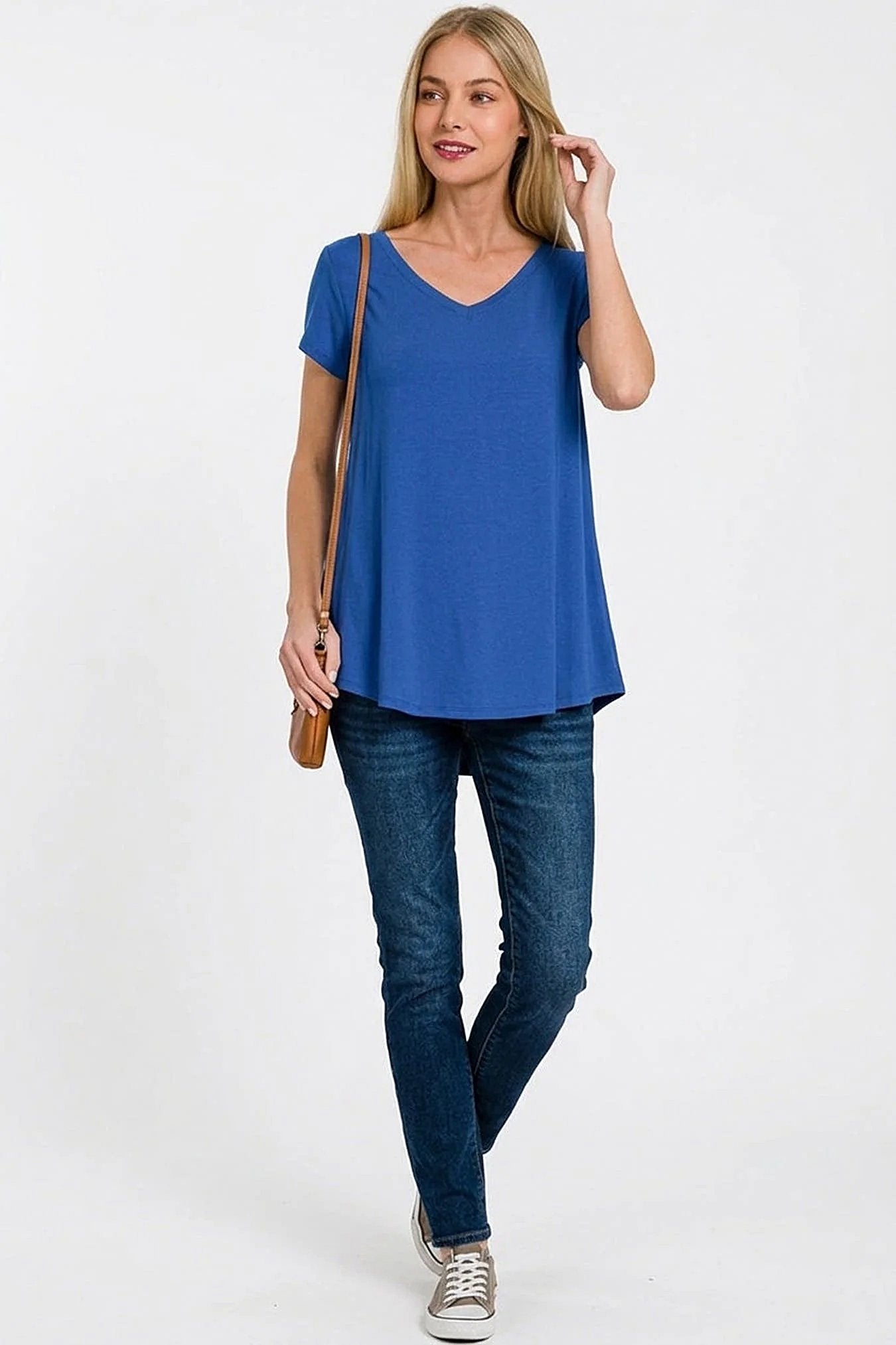 Zenana Rayon Short Sleeve V-neck Round Hem Top -