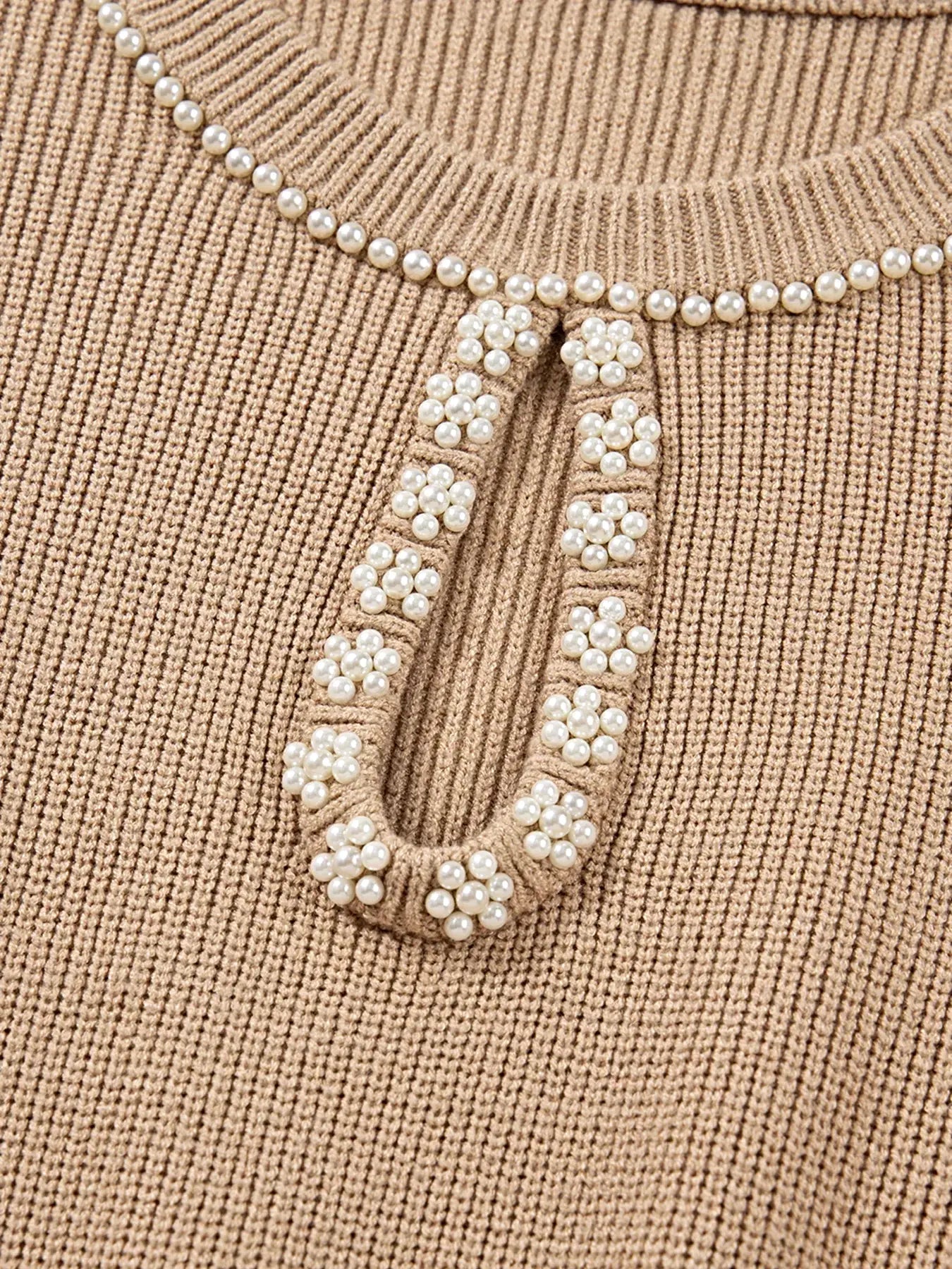 Pearl Embellished Keyhole Ribbed Sweater Dress -