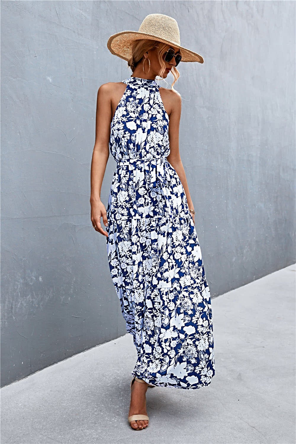 Grecian Printed Tie Waist Maxi Dress with Sleeveless Design and Polka Dot Floral Pattern Trendsi