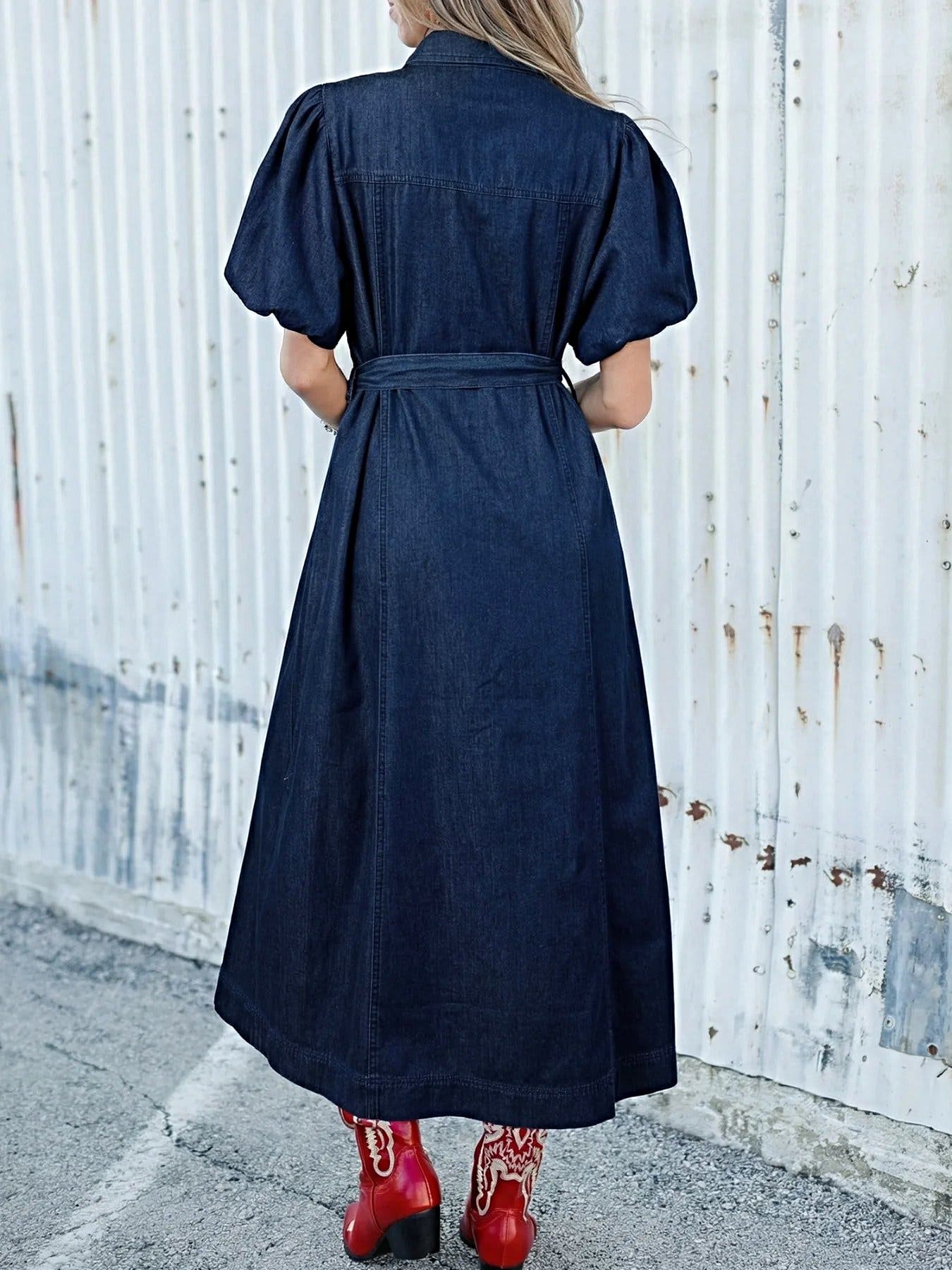 Belted Button-Down Midi Denim Dress -