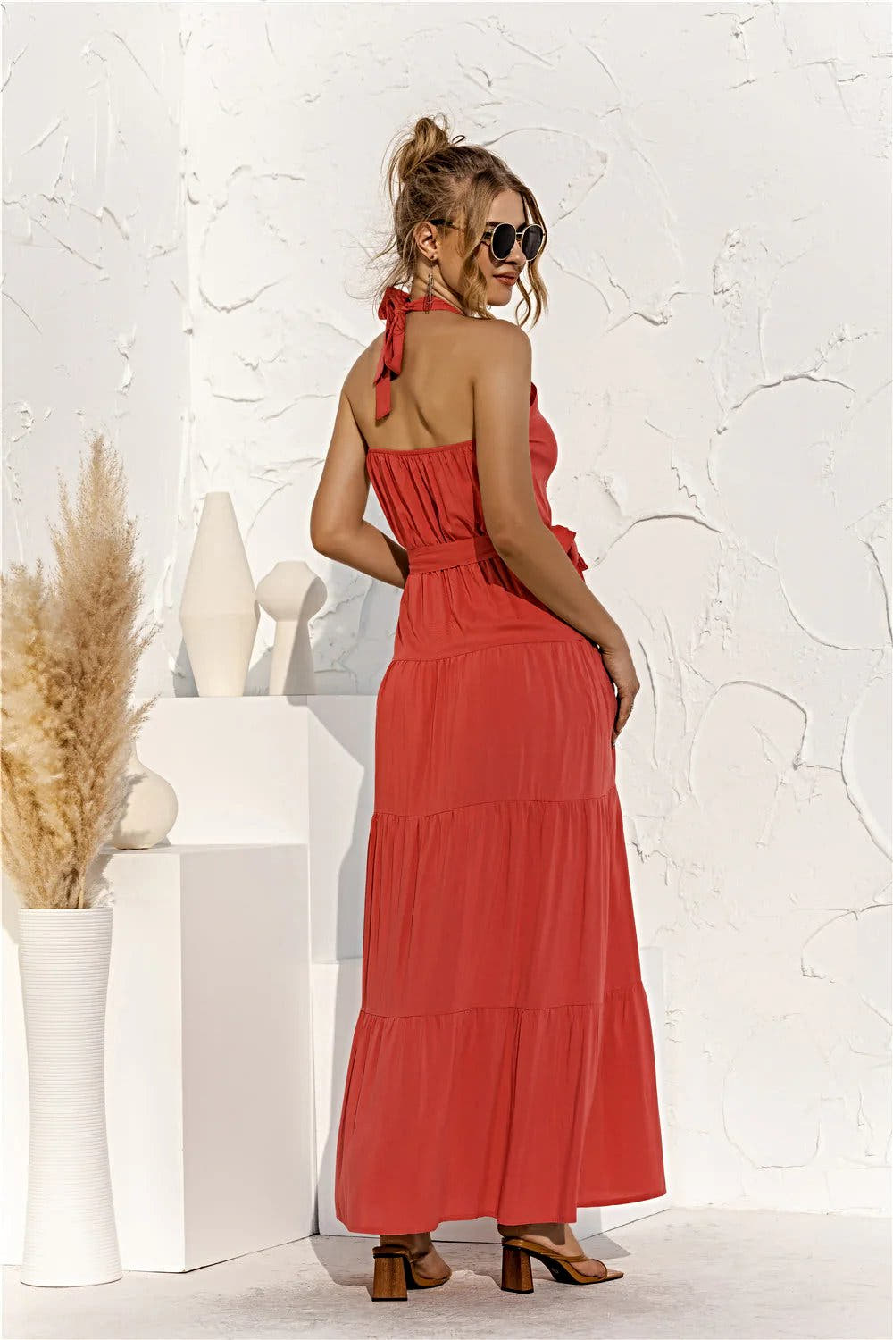 Halter Neck Tie Waist Tiered Maxi Dress -