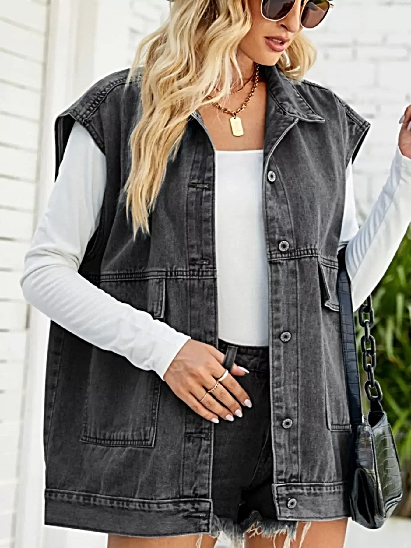 Sleeveless Button-Down Denim Jacket -