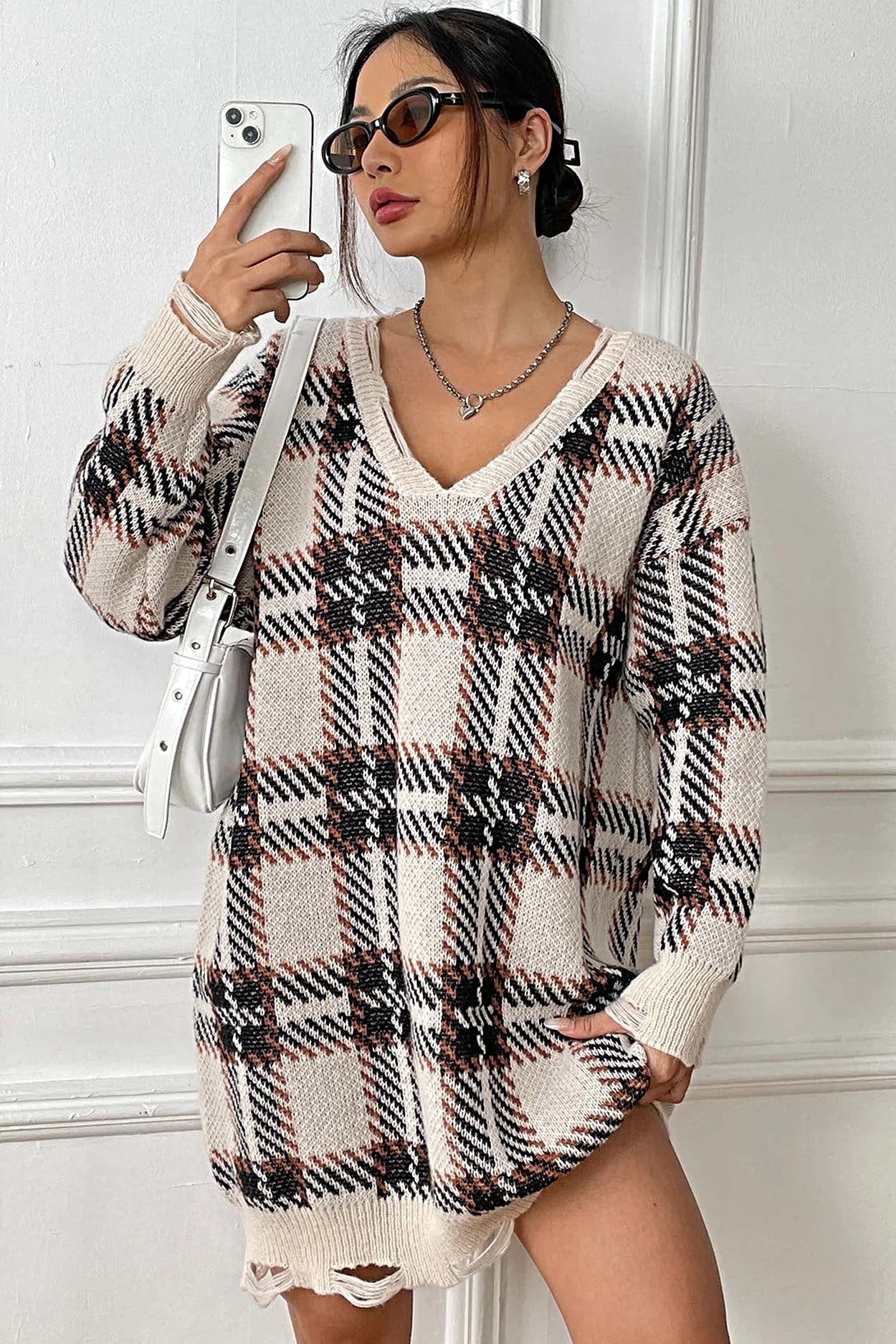 Plaid V-Neck Long Sleeve Sweater Dress -