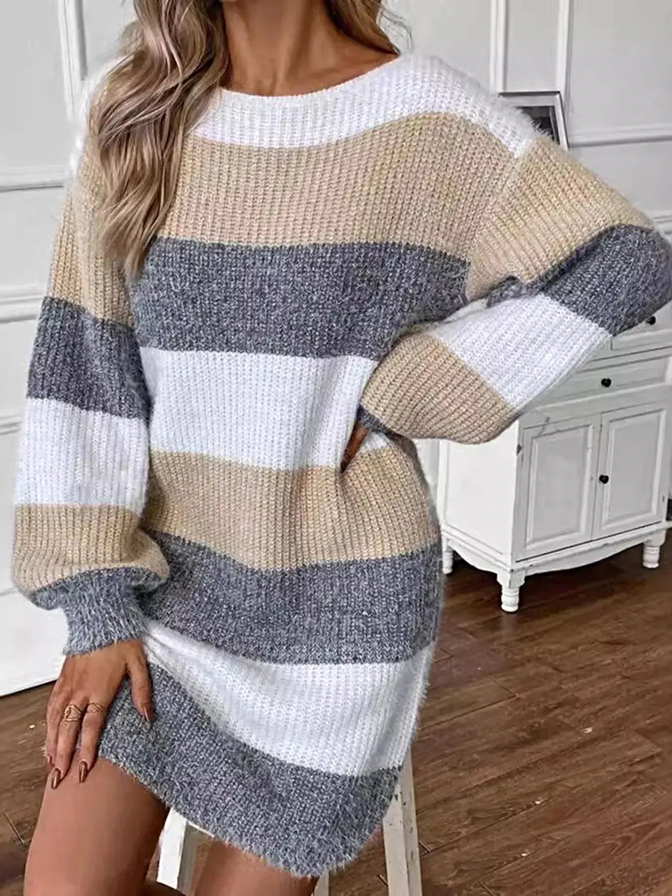 Color Block Long Sleeve Sweater Dress -