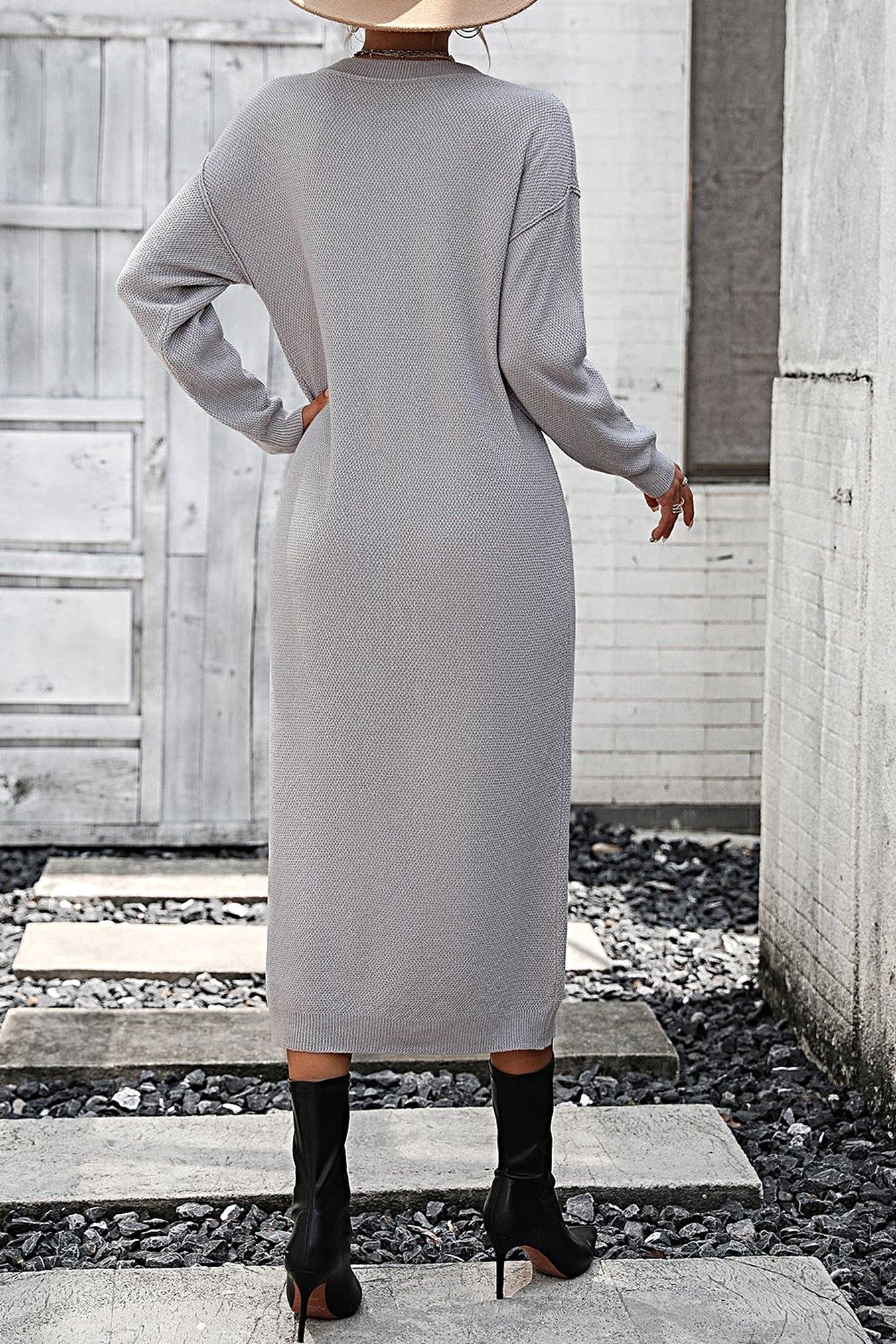Notched Neck Dropped Shoulder Button-Down Midi Dress -