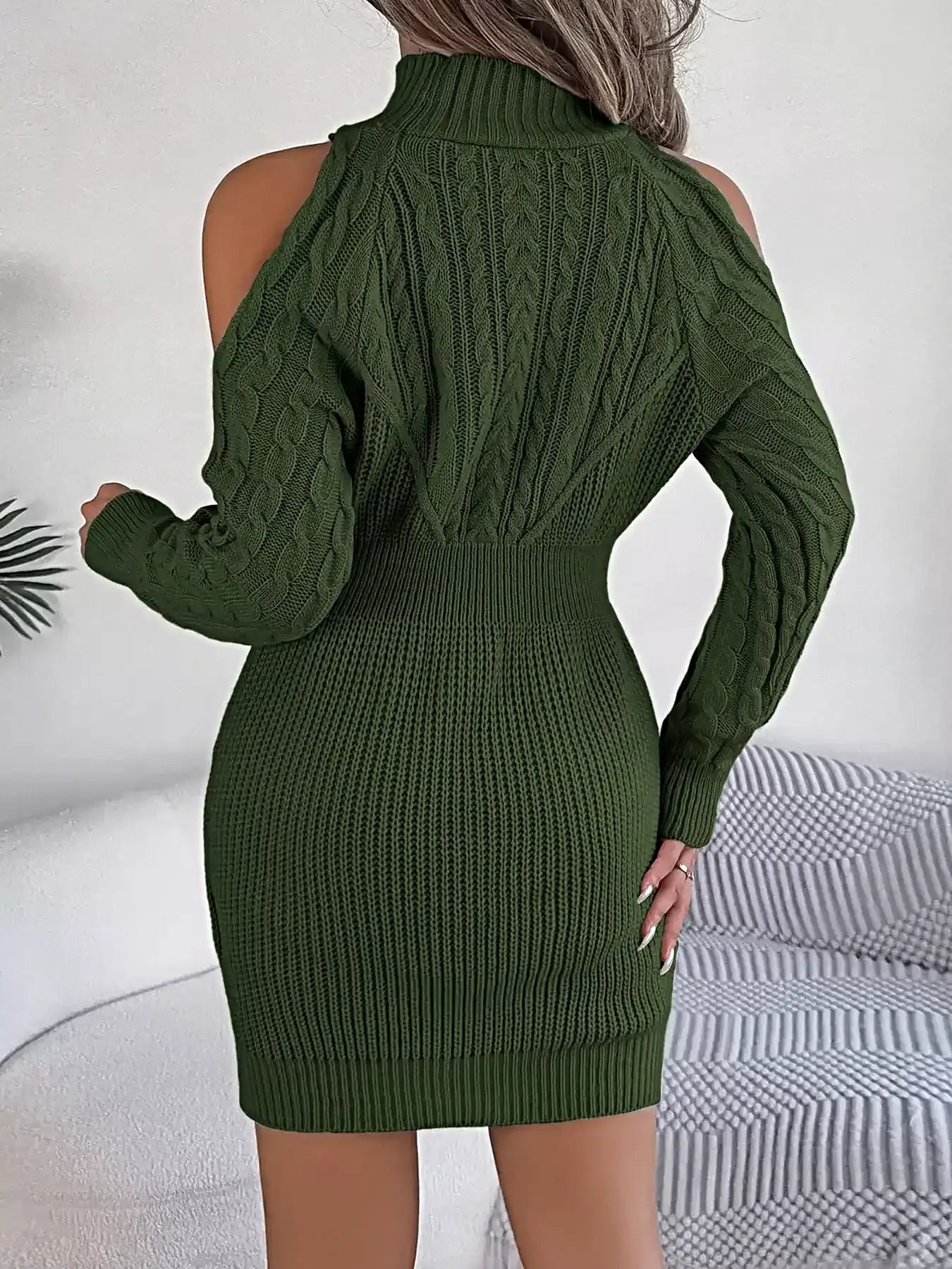 Cold Shoulder Cable Knit Turtleneck Sweater Dress -