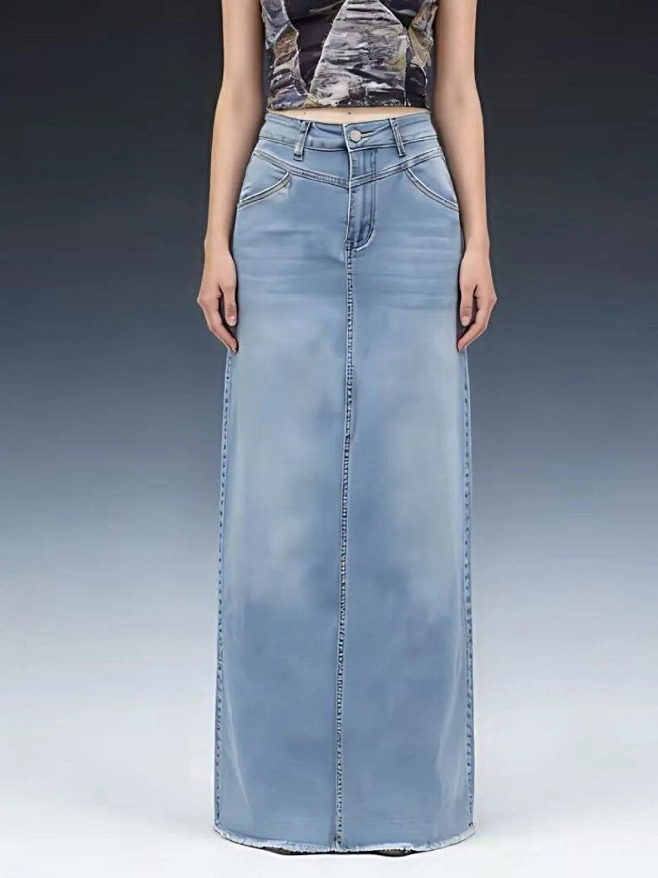 Raw Hem Maxi Denim Skirt -