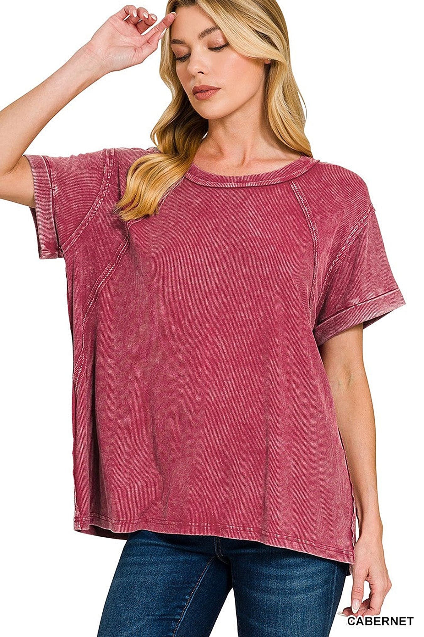 Zenana Washed Ribbed Cuffed Short Sleeve Round Neck Top -