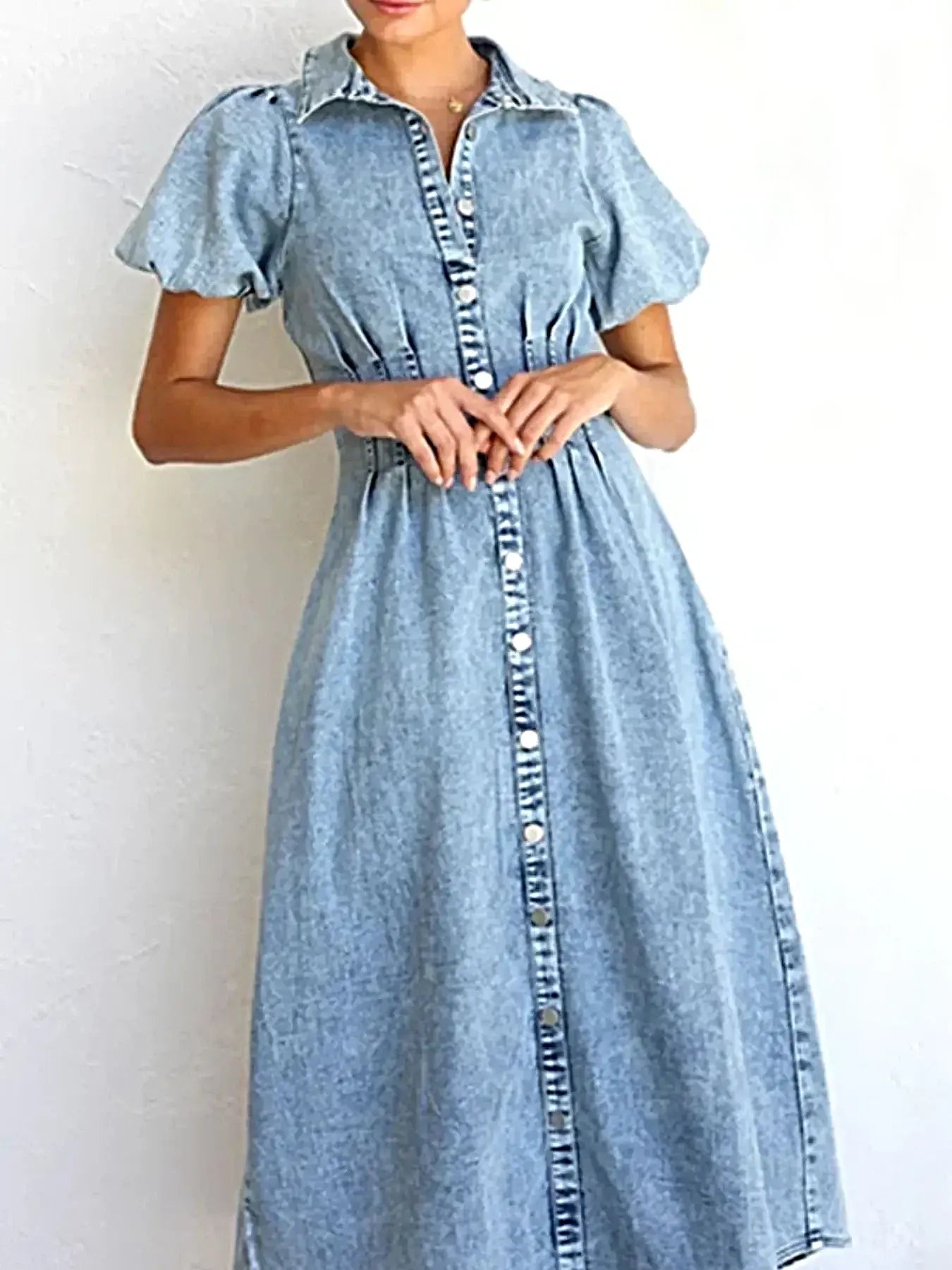 Puff Sleeve Button Front Denim Midi Dress -