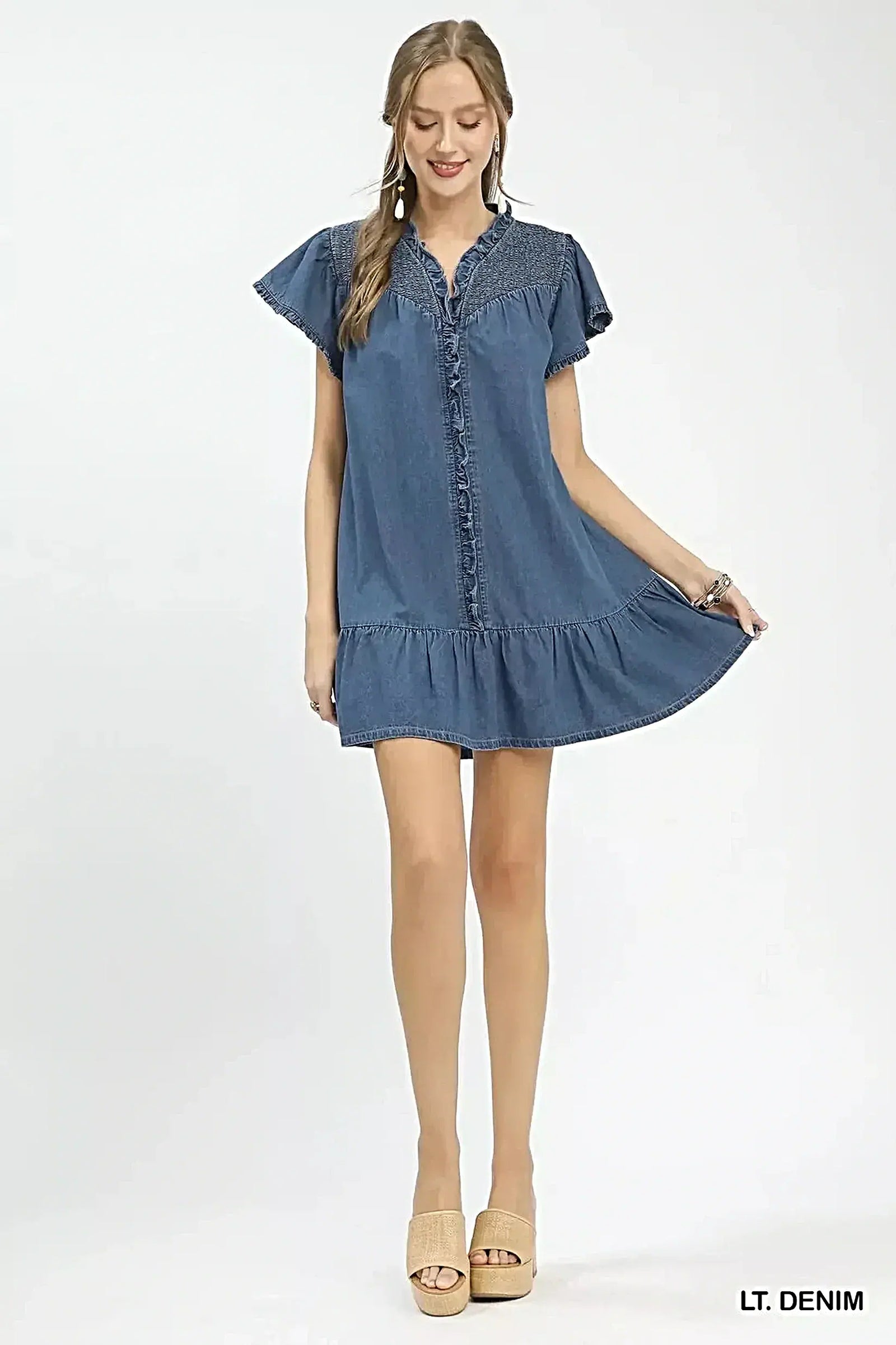 Umgee Ruffled Washed Denim Dress -