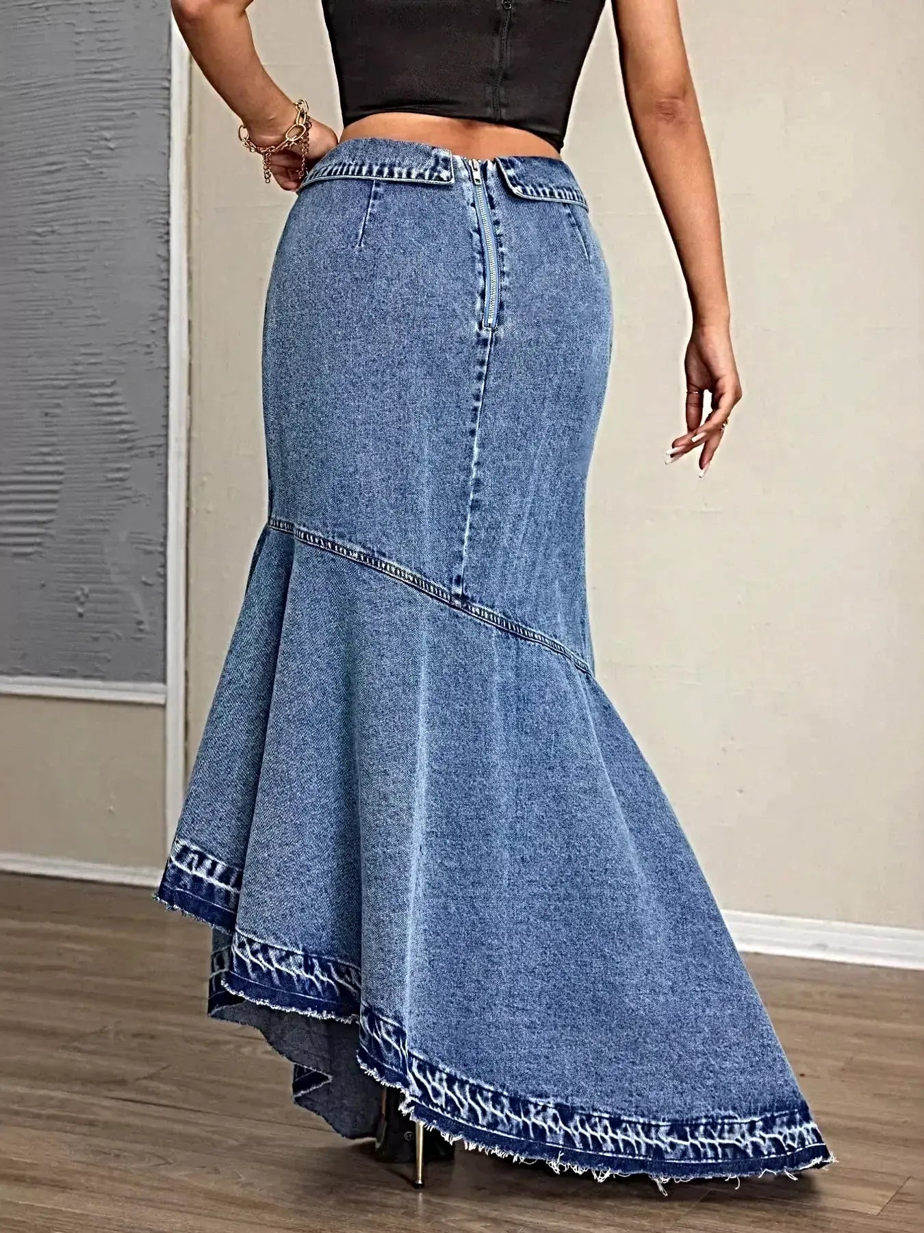 High-Waist Asymmetrical Slit Denim Maxi Mermaid Skirt -