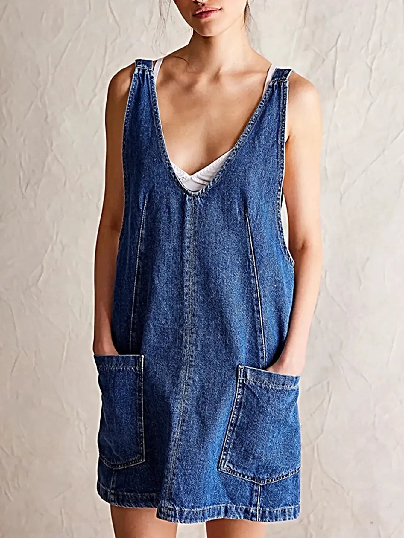 Oversized V-Neck Denim Tank Dress with Front Pockets -