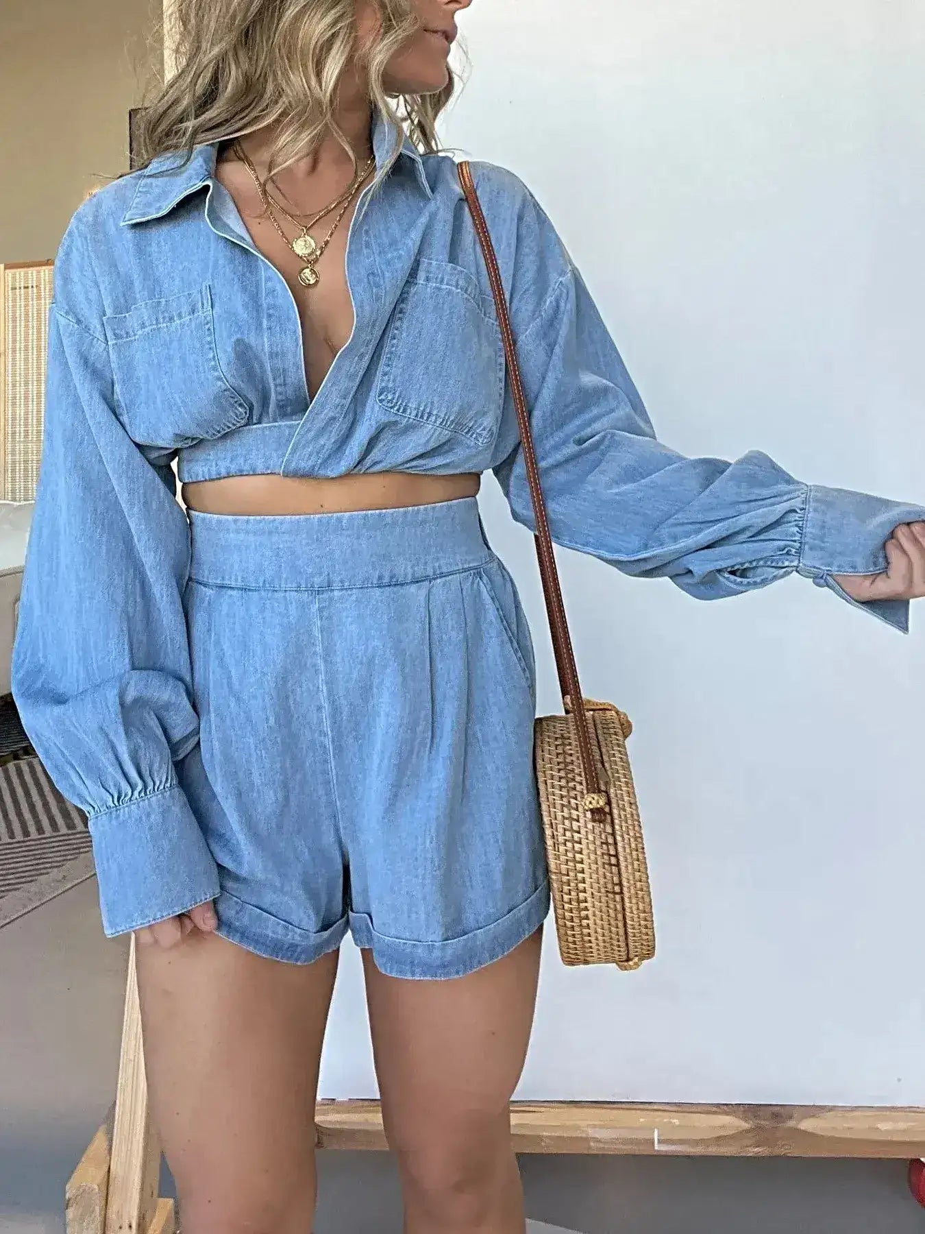 Full Size Long Sleeve Top and Shorts Denim Set Plus Size -