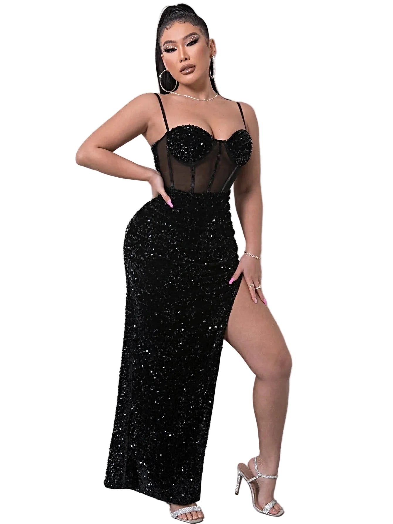 Elegant Maxi Sequin Dress with Spliced Mesh & Adjustable Spaghetti Straps for Chic Style Trendsi