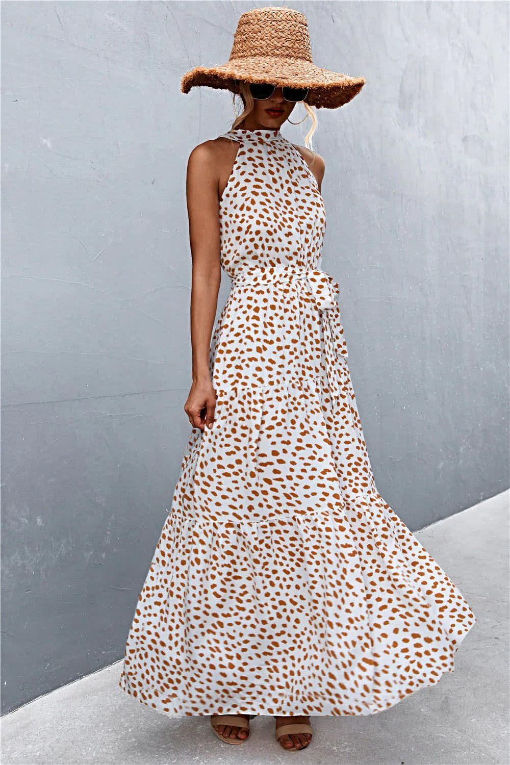 Grecian Printed Tie Waist Maxi Dress with Sleeveless Design and Polka Dot Floral Pattern Trendsi