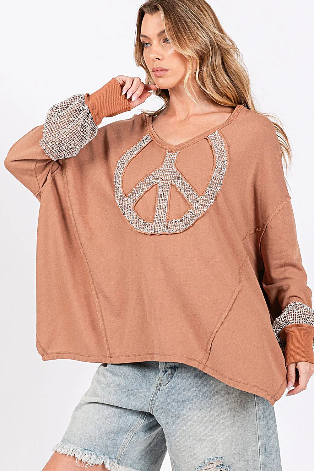 SAGE + FIG Peace Sign Shirt - V-Neck Mineral Wash Terry Top with Crochet Patchwork Trendsi
