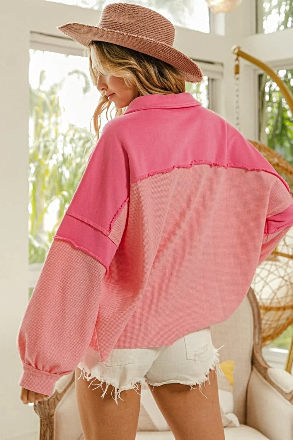 Cozy Long Sleeve Shirts - BiBi Waffle-Knit Mixed Thermal Sweatshirt with Exposed Seams Trendsi