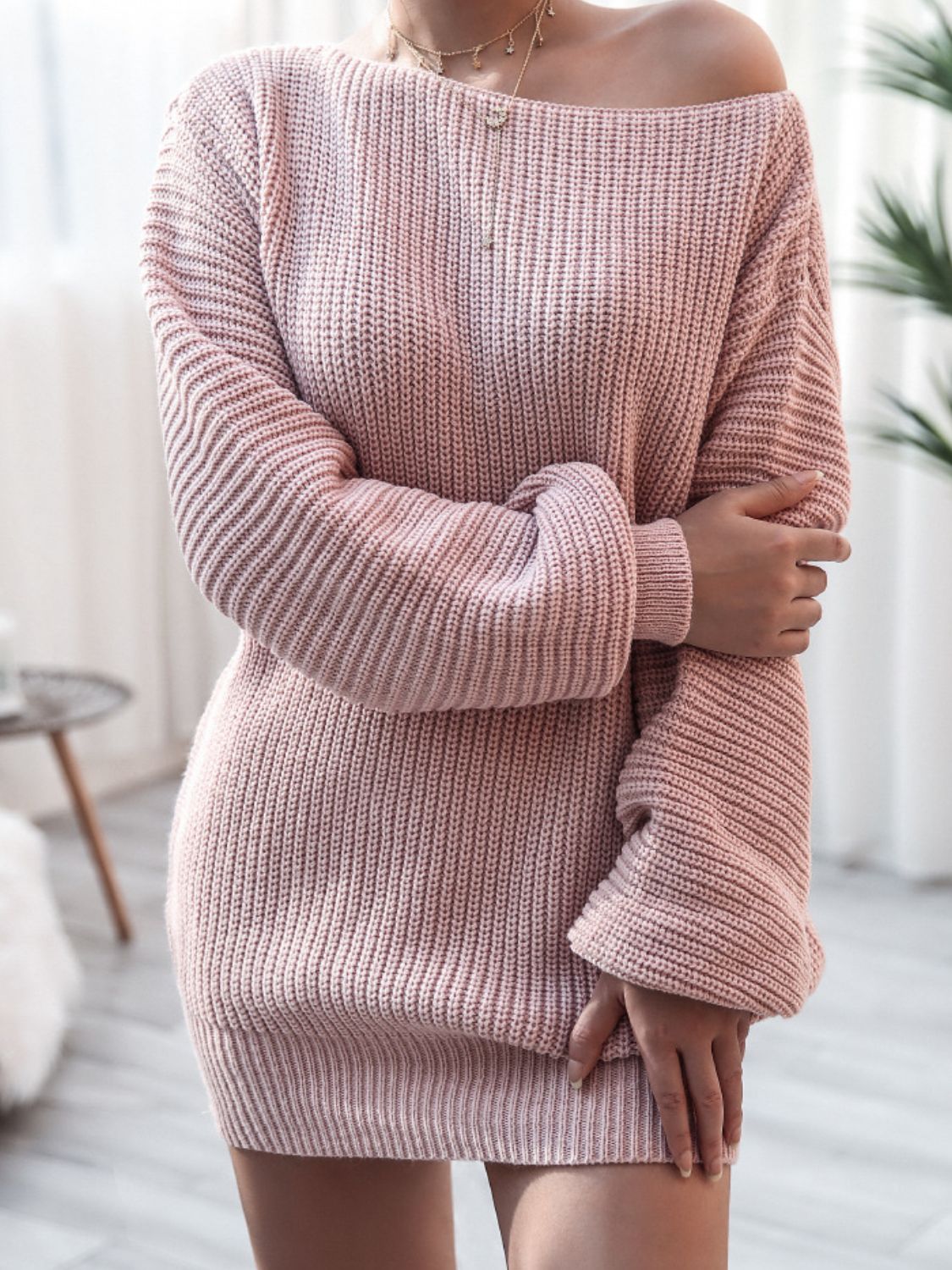 Balloon Sleeve Boat Neck Sweater Mini Dress -