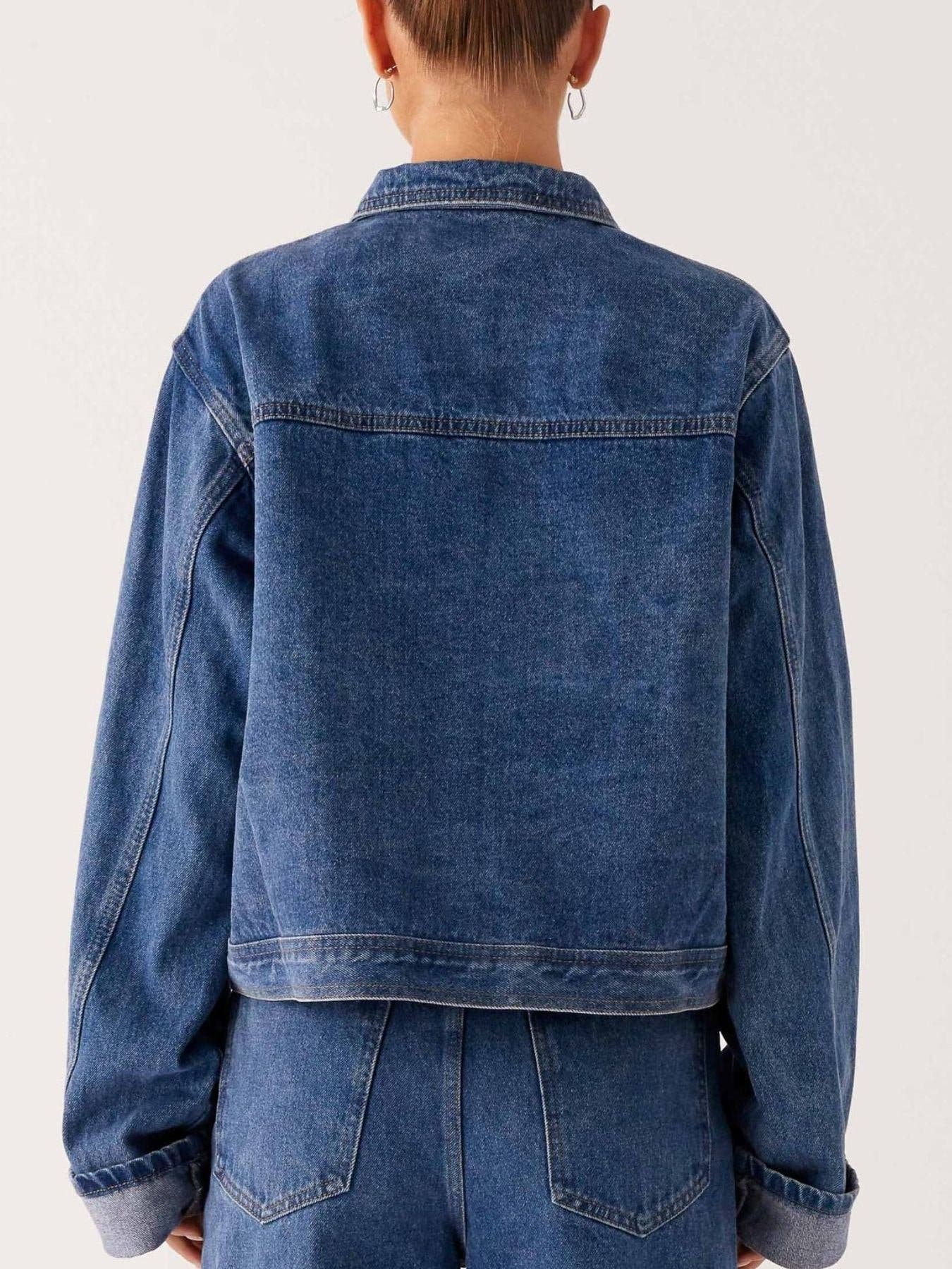 Button Down Cropped Oversized Denim Jacket -