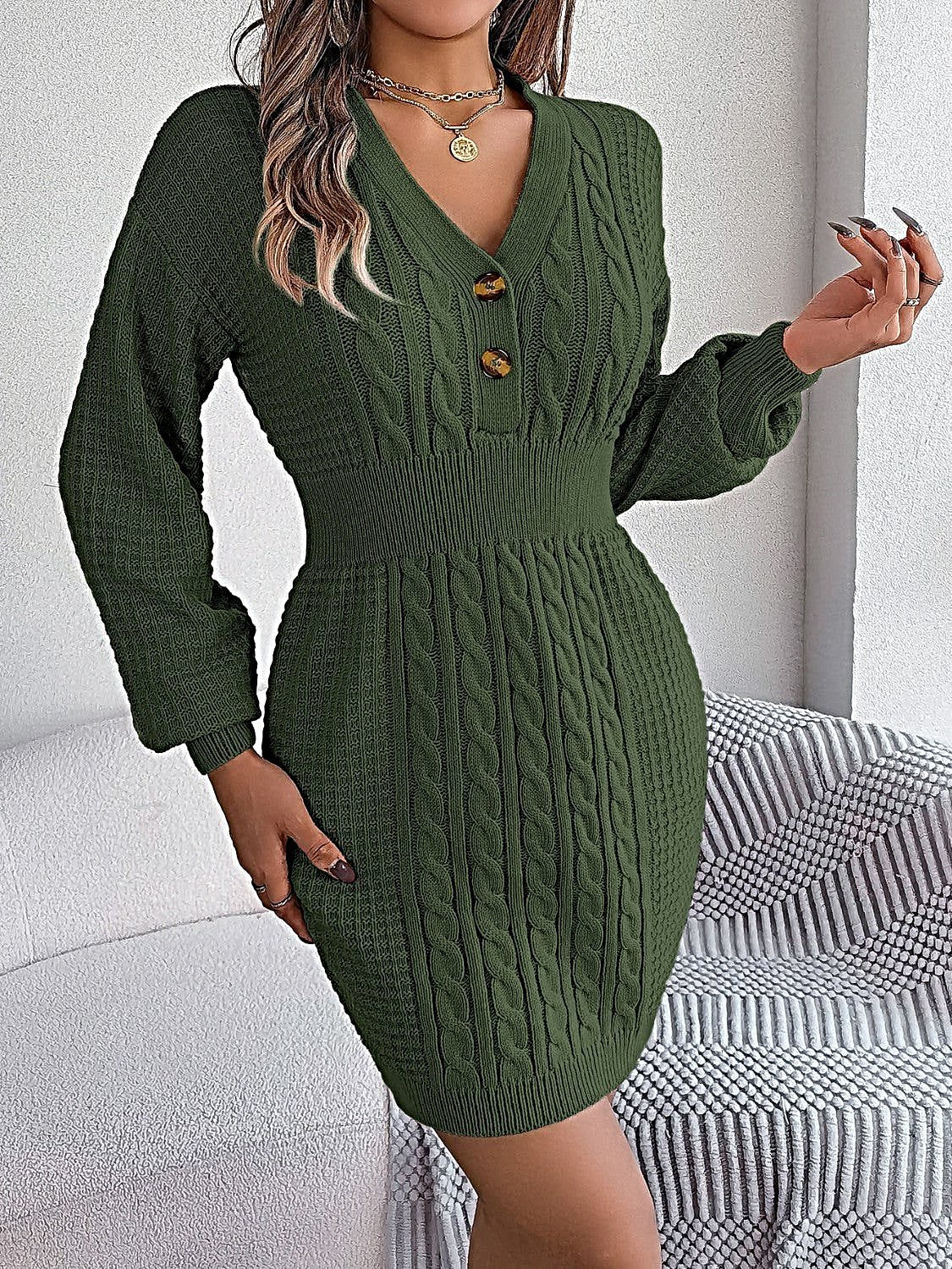 Elegant Buttoned Cable-Knit Dress with V-Neck, Moderate Stretch - 100% Acrylic -