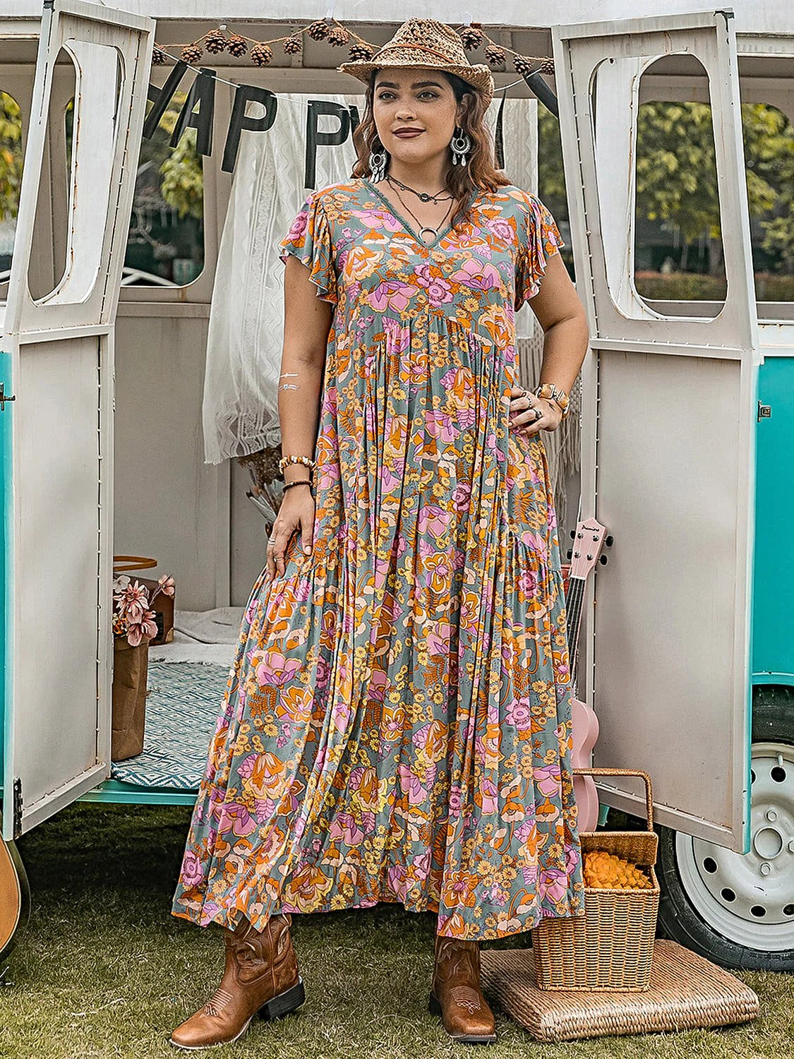 Plus Size Ruffled Printed Cap Sleeve Dress -
