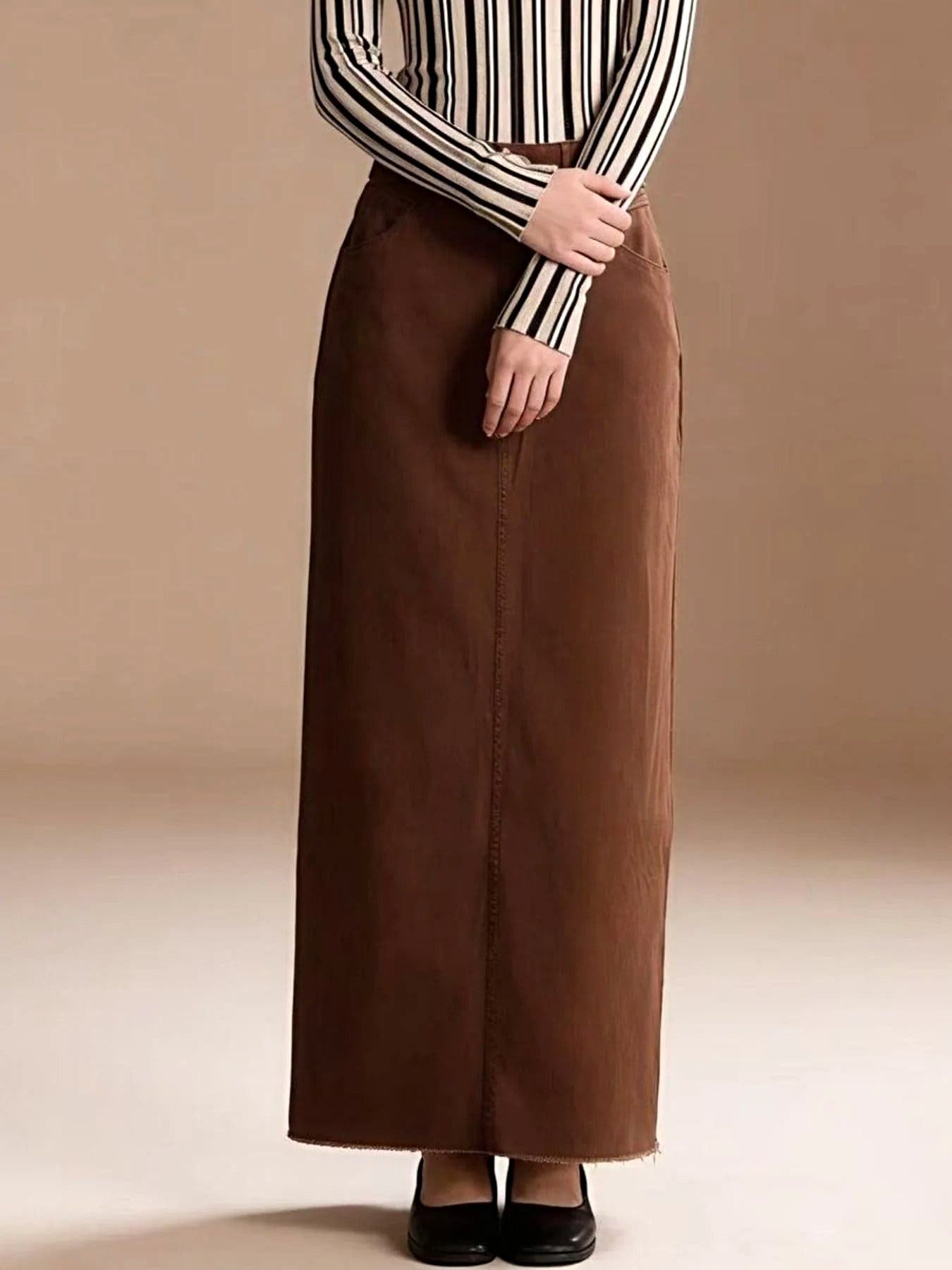 Raw Hem Maxi Denim Skirt -