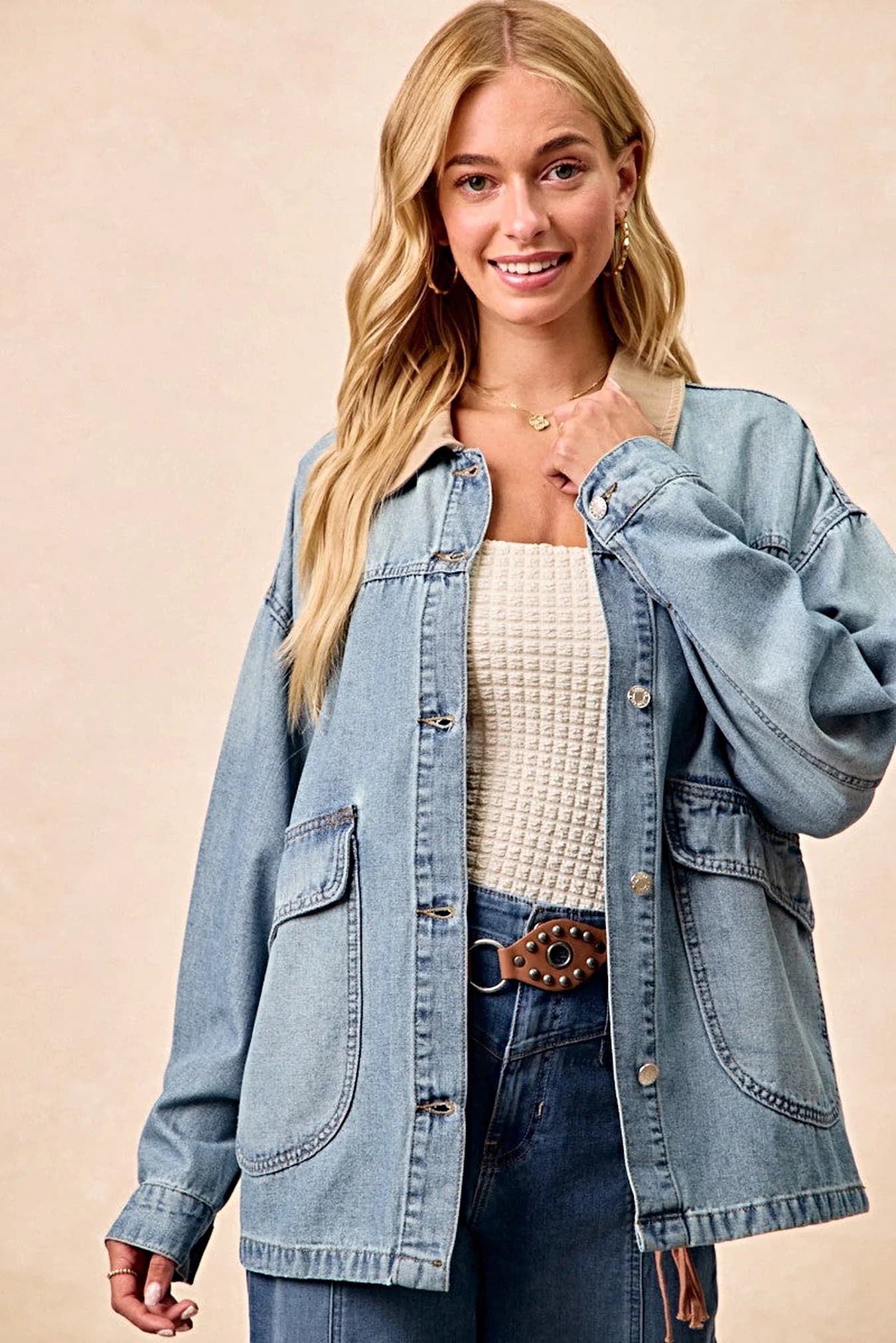 BiBi Washed Denim Jacket with Contrast Collar Detail -