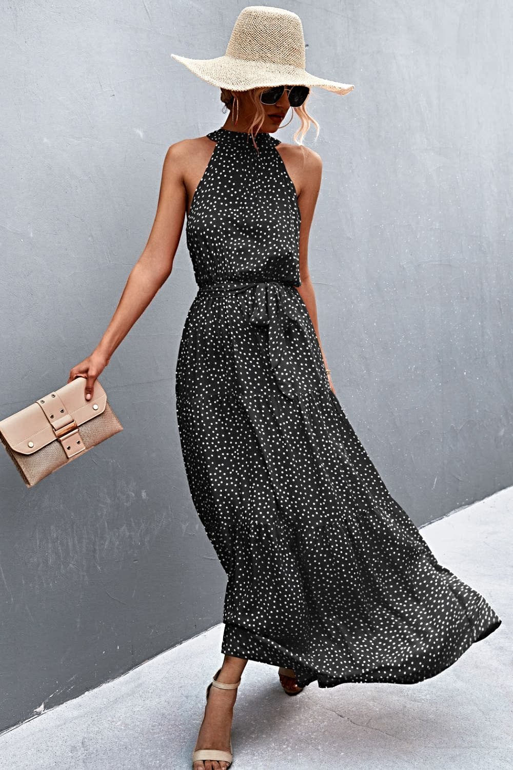 Grecian Printed Tie Waist Maxi Dress with Sleeveless Design and Polka Dot Floral Pattern Trendsi