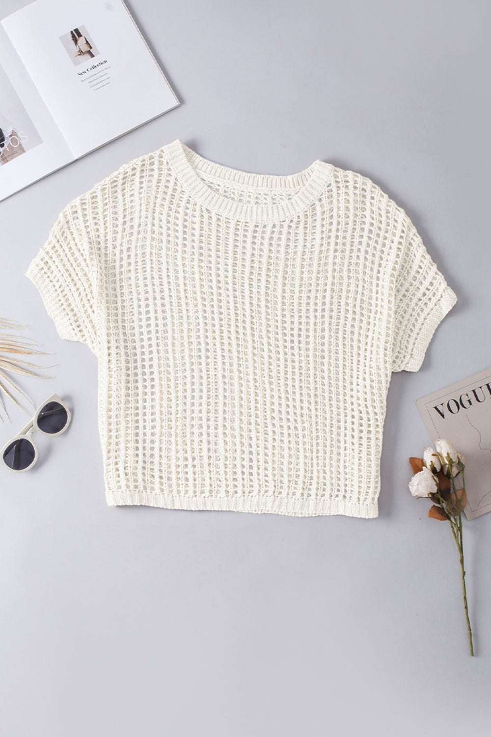 Openwork Round Neck Half Sleeve Knit Cover Up Trendsi