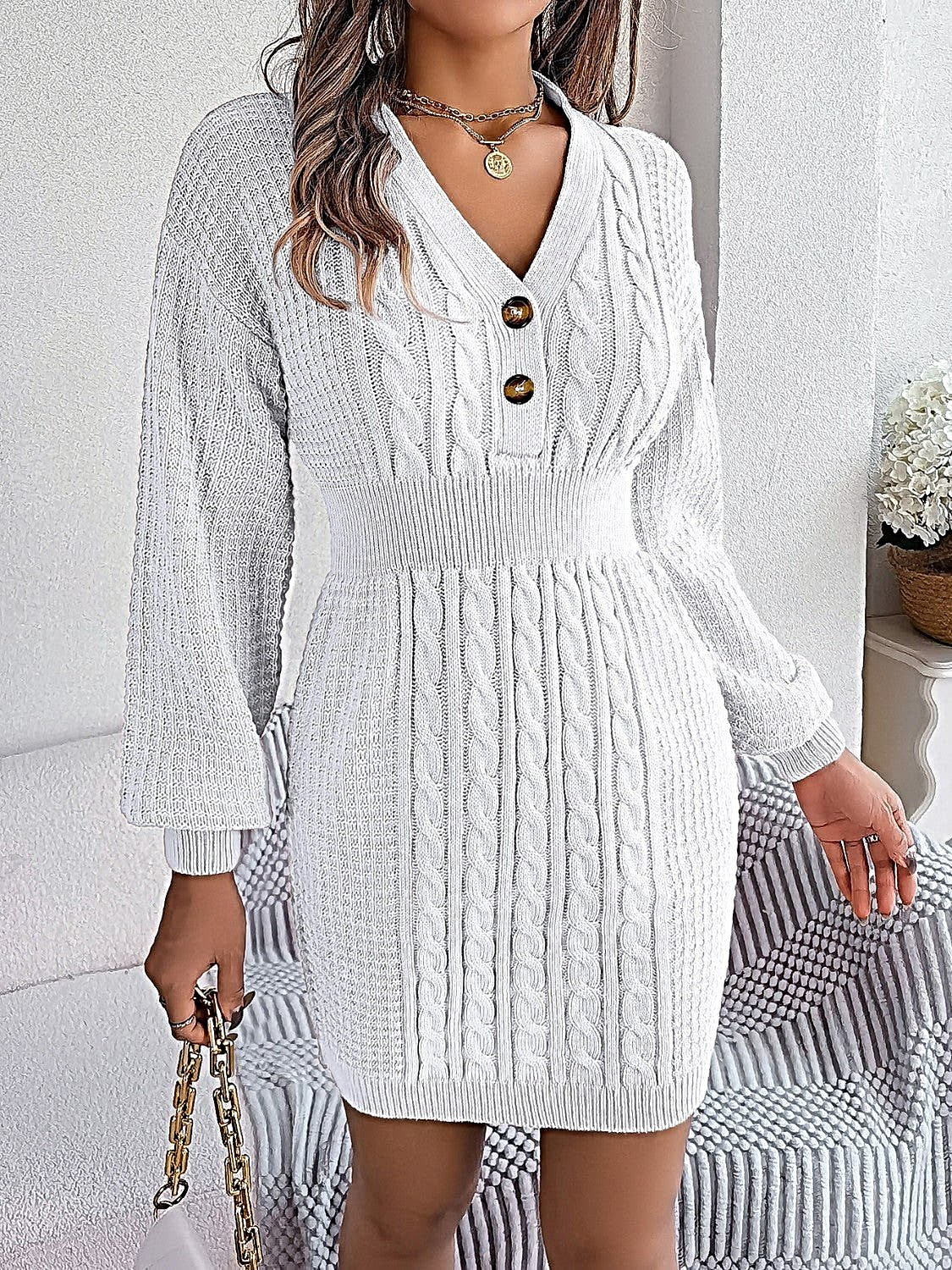 Elegant Buttoned Cable-Knit Dress with V-Neck, Moderate Stretch - 100% Acrylic -