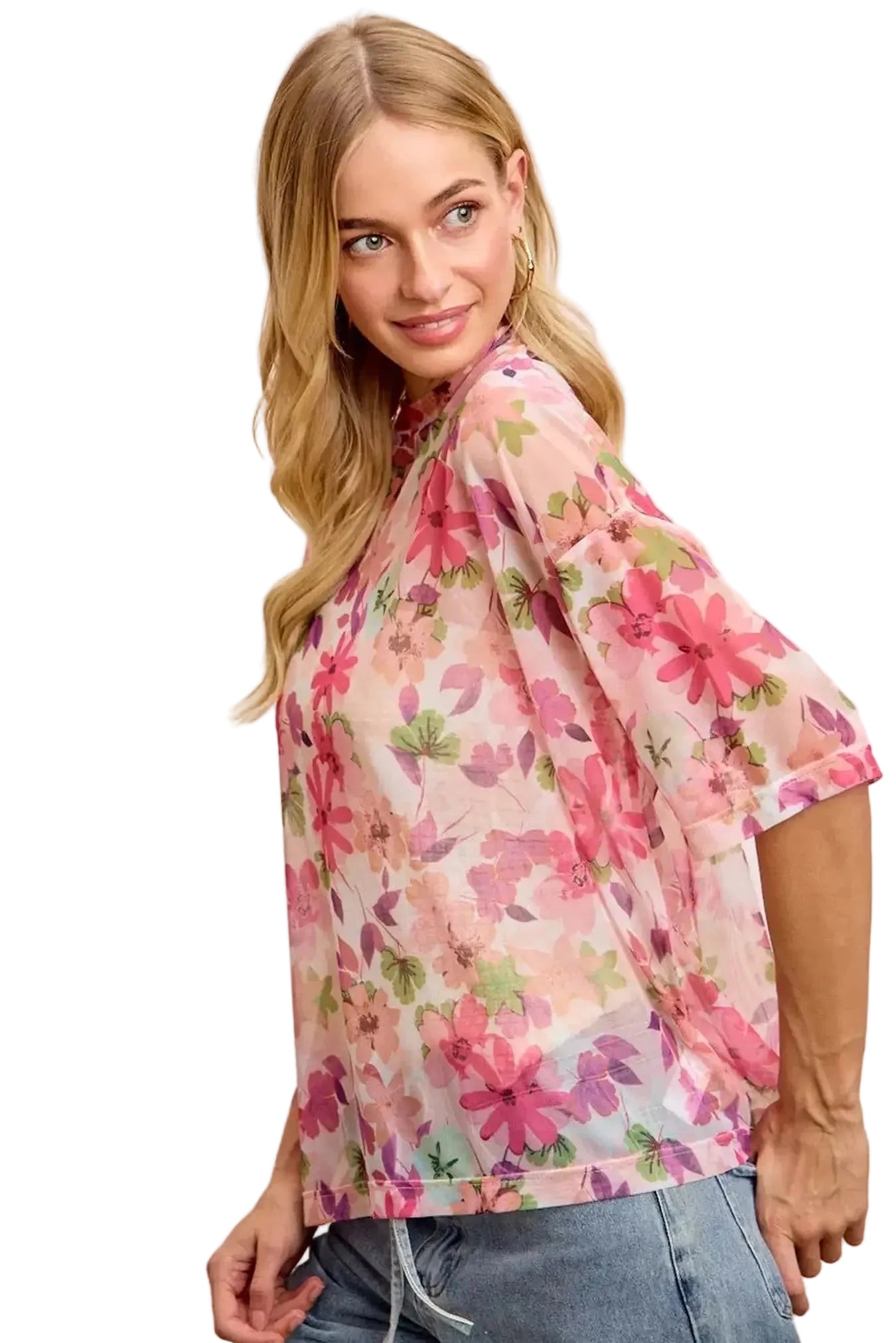 BiBi Floral Print Short Sleeves Boxy Mesh Top -