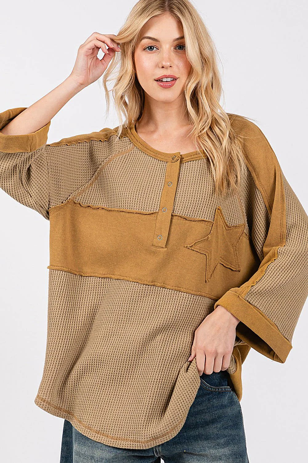 SAGE + FIG Waffle Knit Top With Star Applique Patch And Exposed Seams - Chic Casual Design Trendsi