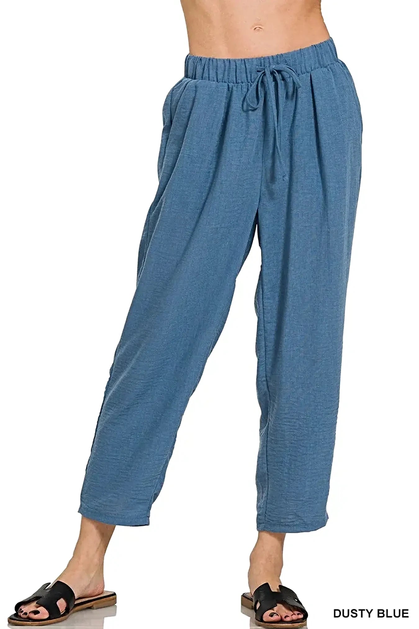 Zenana Woven Crepe Elastic Band Waist Pants -
