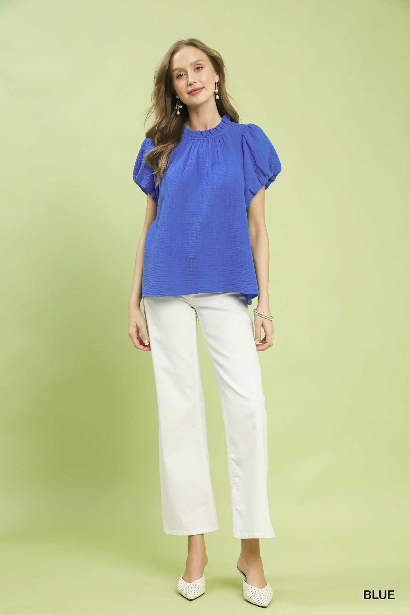 Umgee Textured Gauze Ruffle Neck Boho Top -