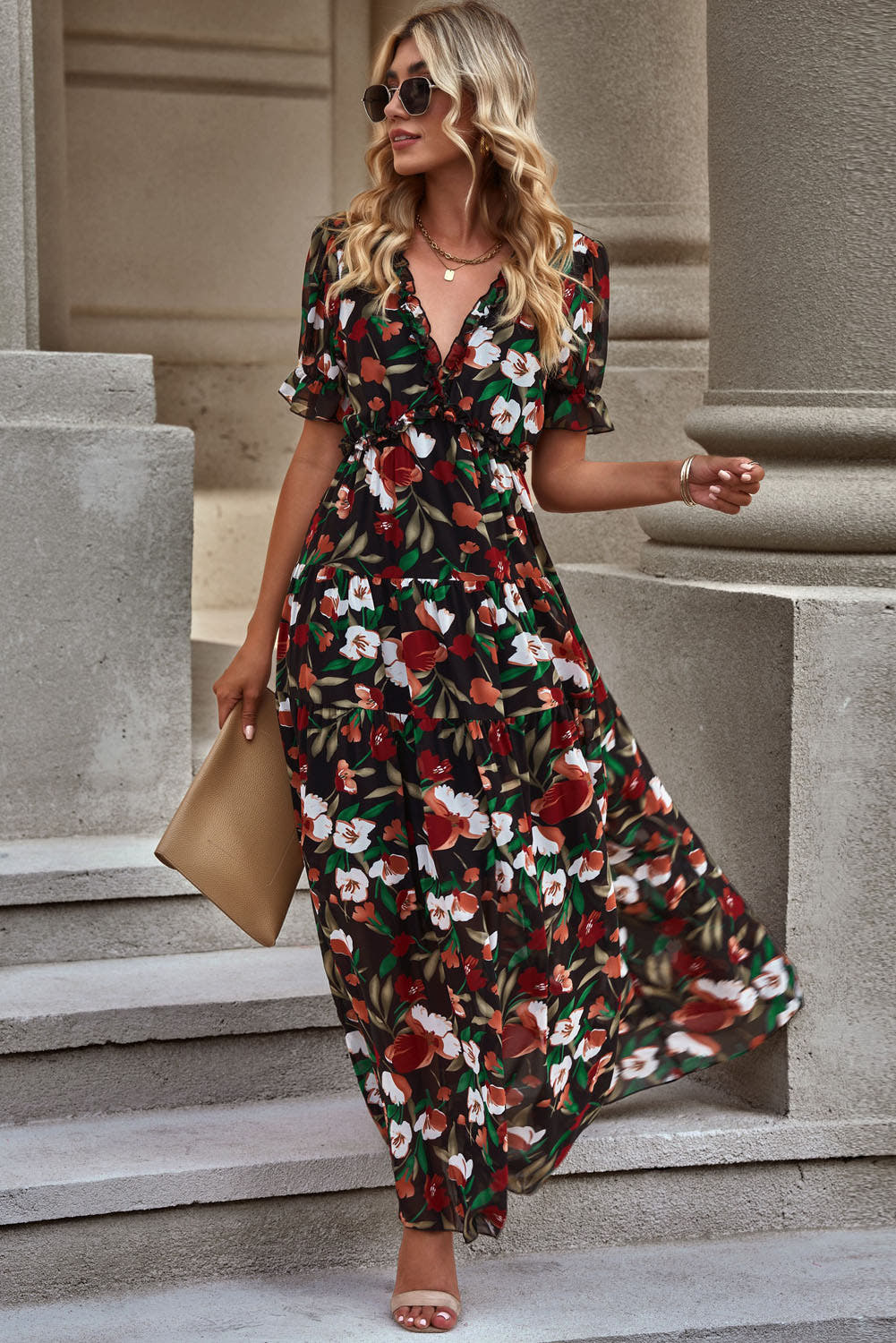 Elegant Floral V-Neck Dress with Short Flounce Sleeves, A-Line Maxi Length, 100% Polyester Trendsi