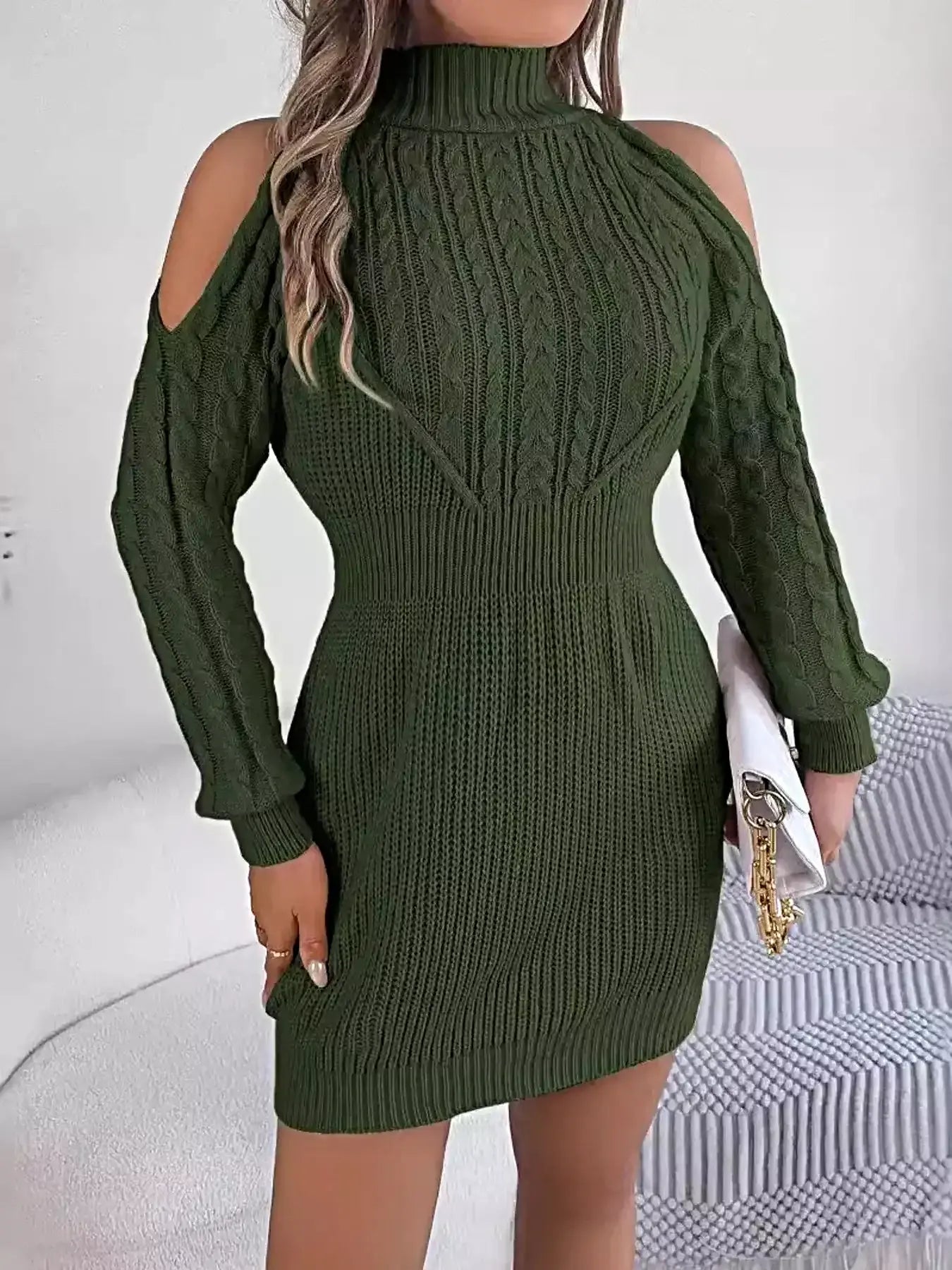 Cold Shoulder Cable Knit Turtleneck Sweater Dress -