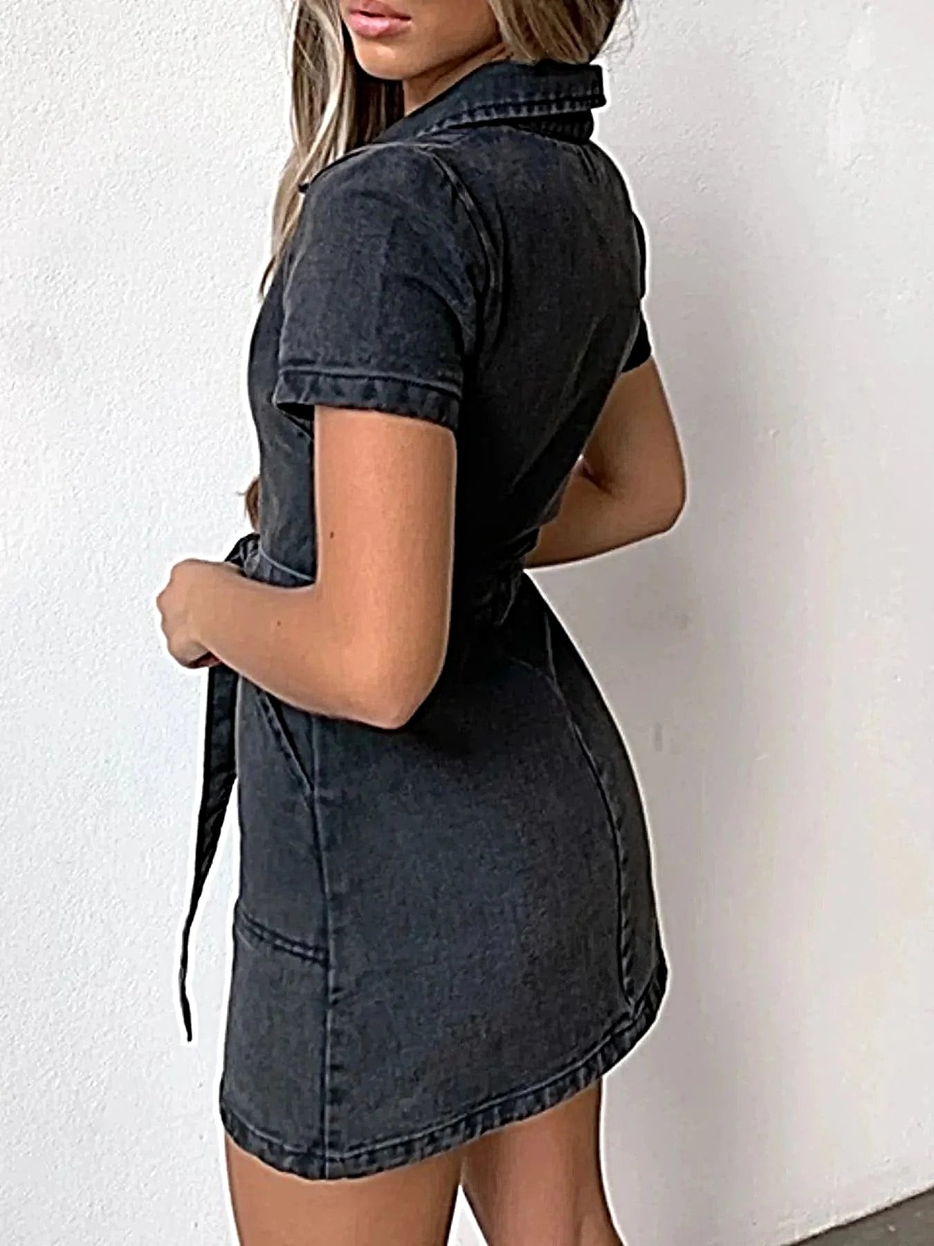 Zip Front Short Sleeve Denim Dress -