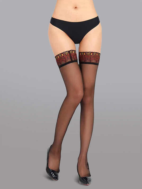 Sexy Peacock Lace Trim Thigh High Stockings - Stockings