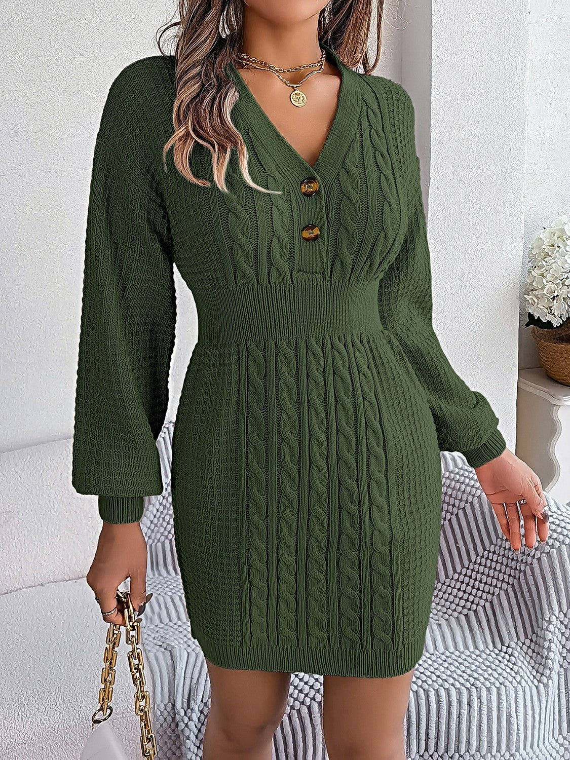 Elegant Buttoned Cable-Knit Dress with V-Neck, Moderate Stretch - 100% Acrylic -