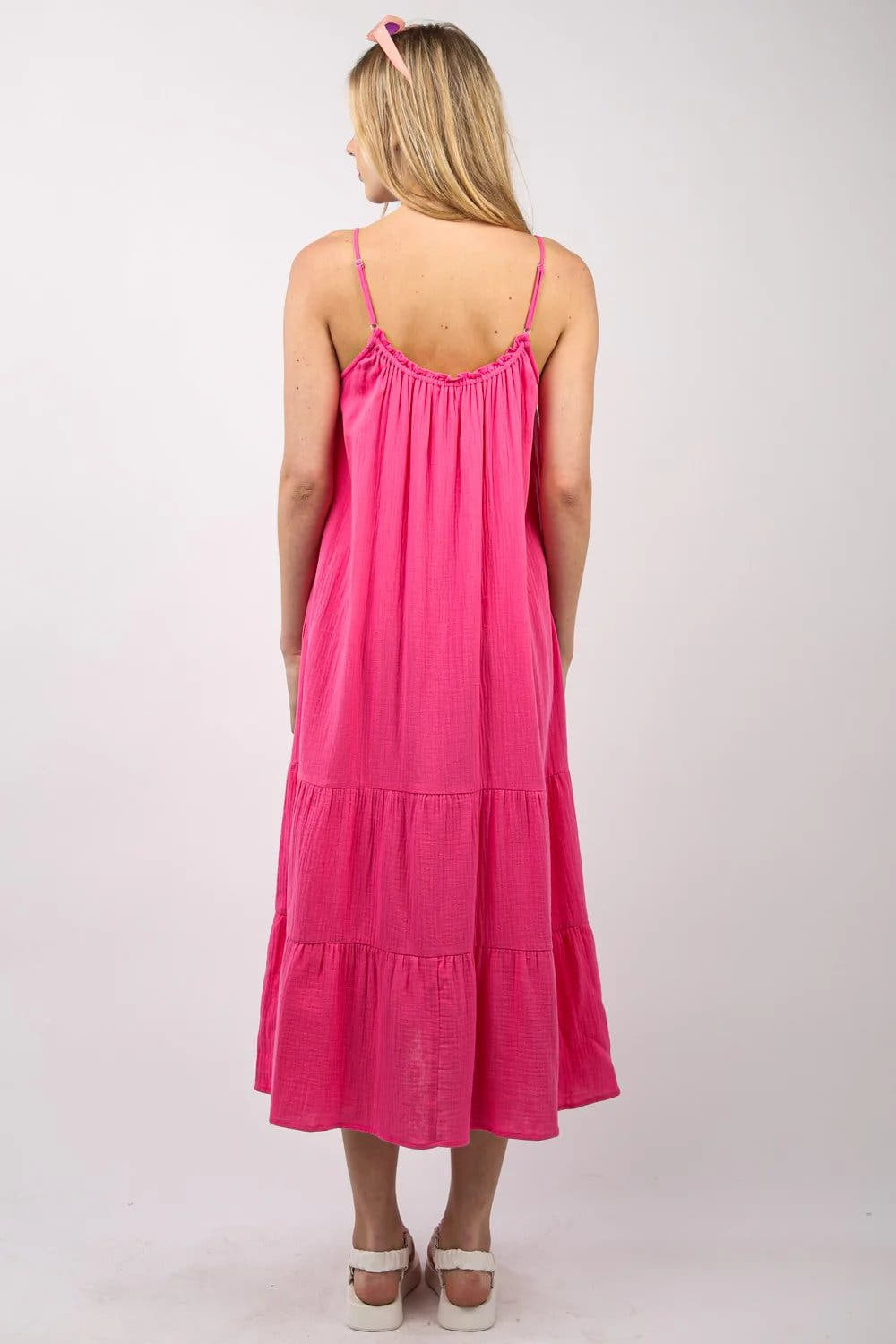 Elegant Ruffled A-Line Midi Dress with Sleeveless Design and Side Pockets, 100% Cotton Trendsi