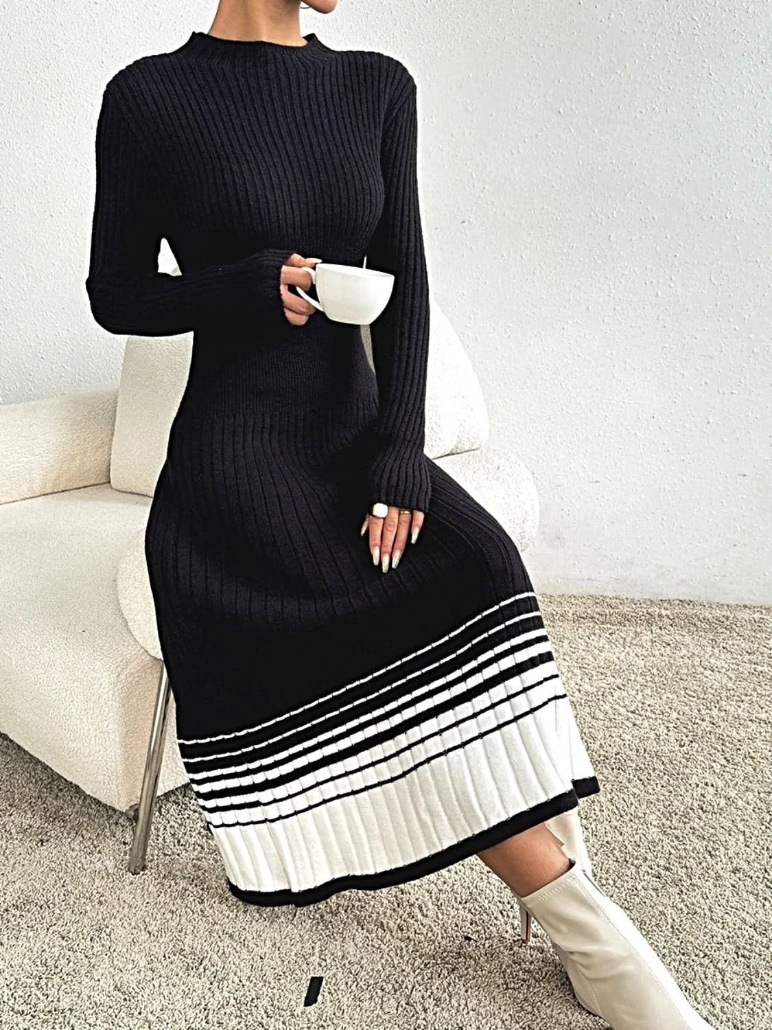 Contrast Mock Neck Long Sleeve Sweater Dress -